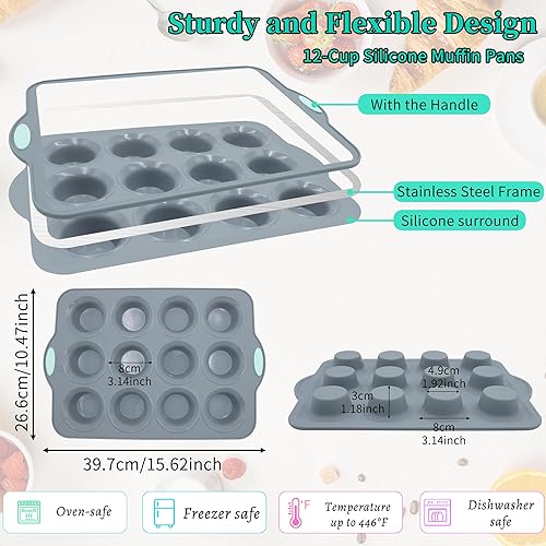 Miniatura 6 de To encounter Paquete de 2 moldes de silicona para magdalenas con marco de metal, 12 tazas de tamaño regular, bandeja antiadherente para hornear,