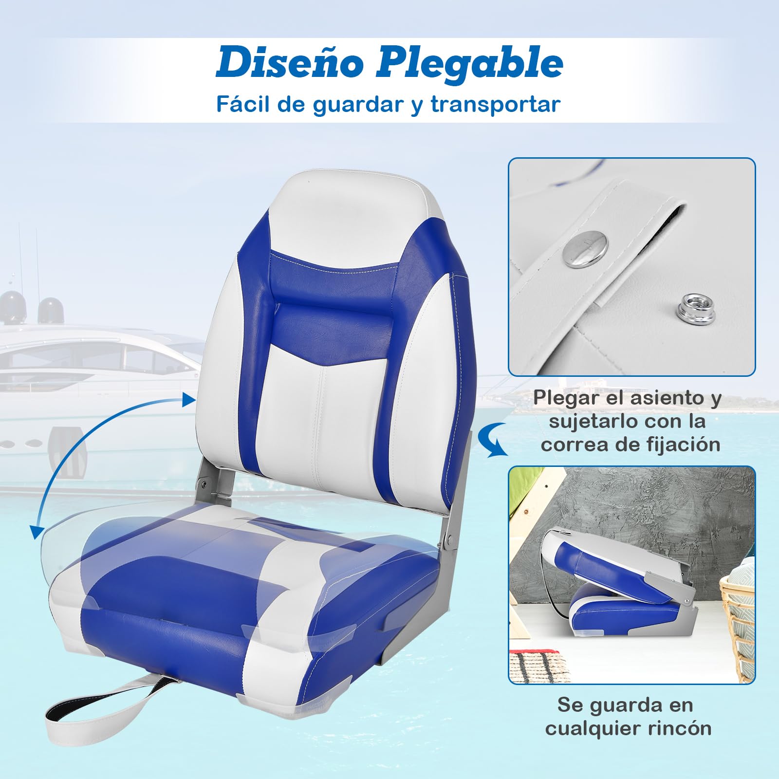 COSTWAY Asiento de Barco Plegable con Respaldo Alto, Asientos Barco con Cojín Acolchado Suave, Asiento de Capitán Plegable, 42 x 50 x 51 cm (azul, 1)