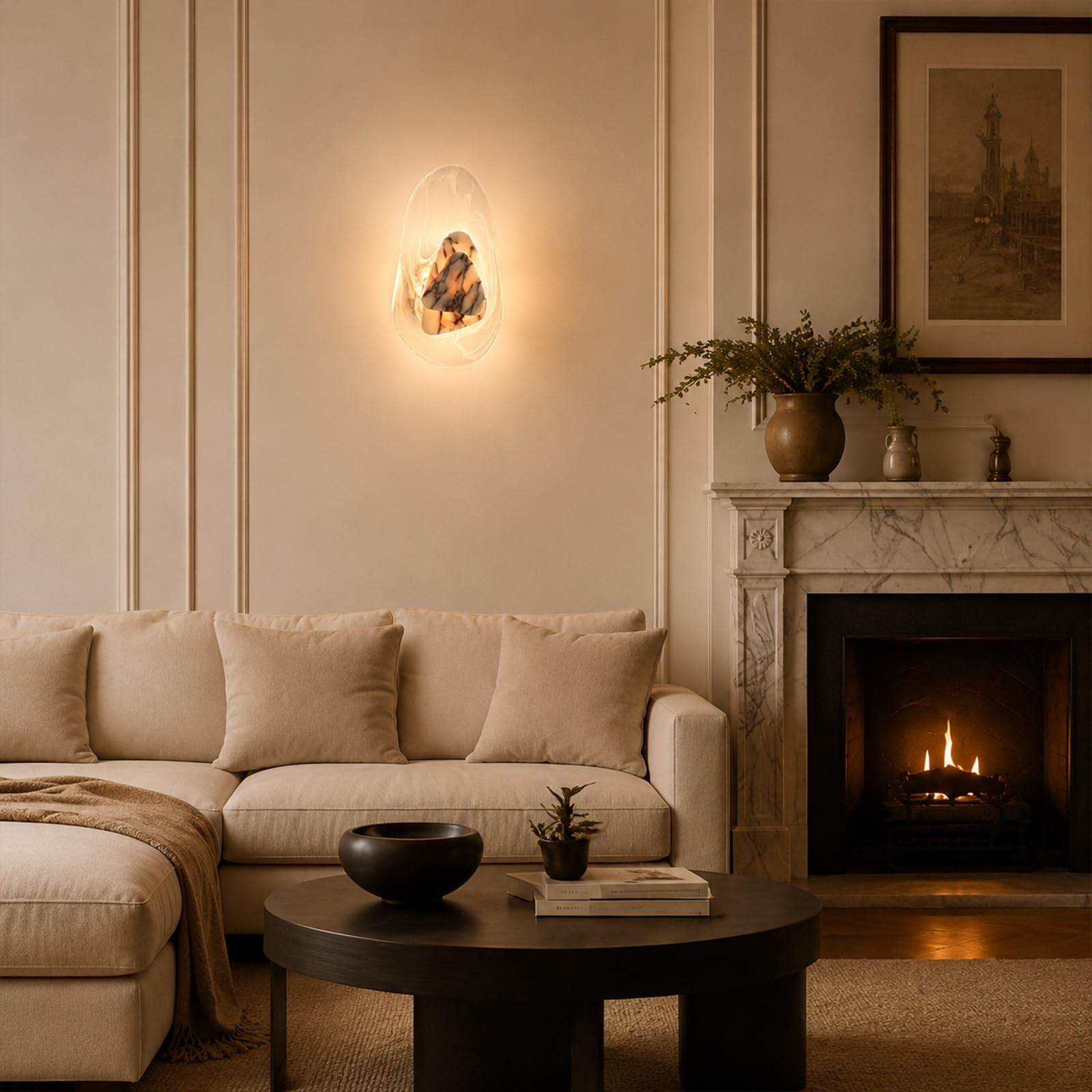 Aplique de pared de mármol natural, lámpara de pared de alabastro | Luz LED moderna de pared de piedra con pantalla de cristal, lámpara de pared interior cableada for sala de estar