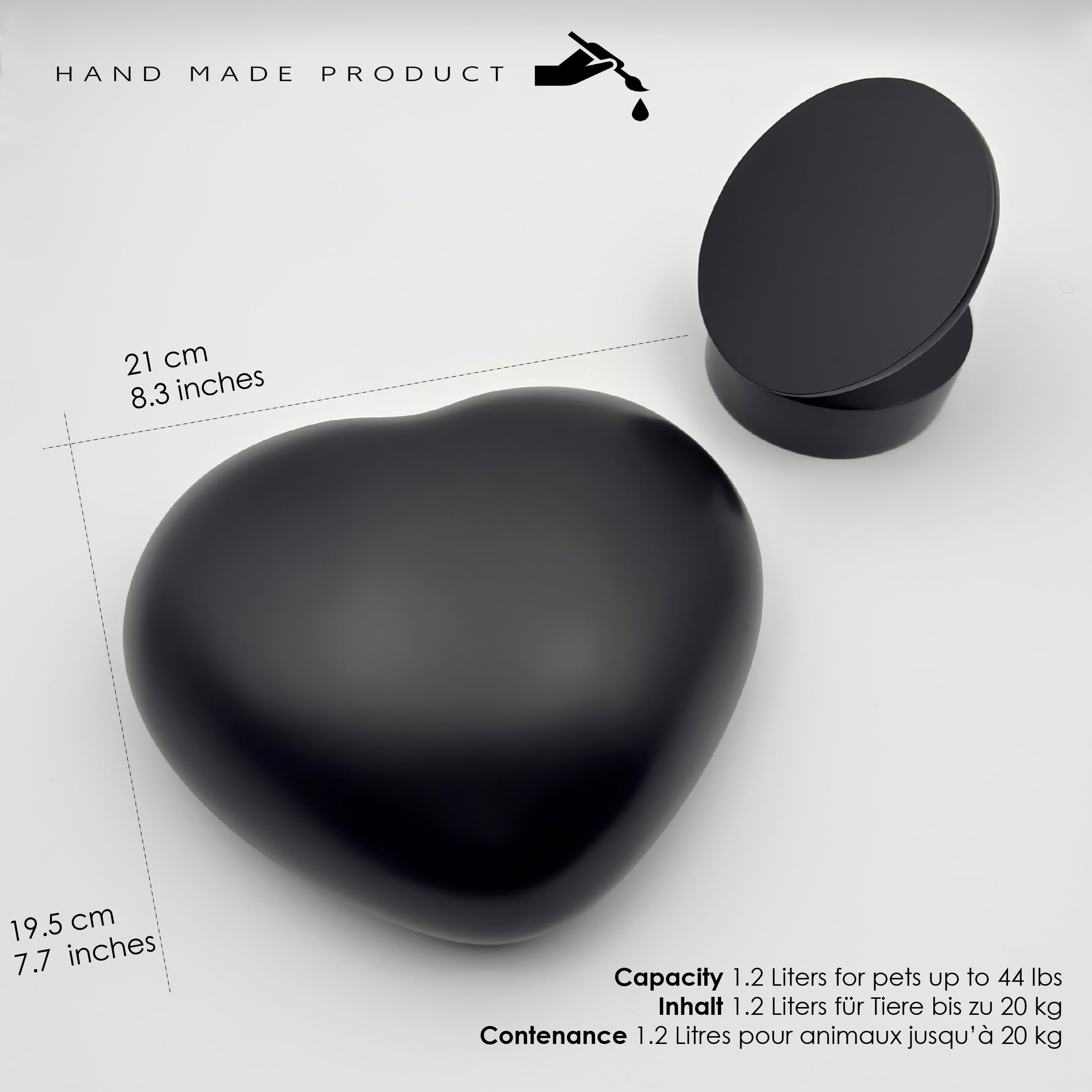 Urna grande para mascotas en forma de corazón para cenizas de hasta 44 libras y 20 kg, elegante urna de cremación con soporte de exhibición, recuerdo conmemorativo para perros y gatos, negro