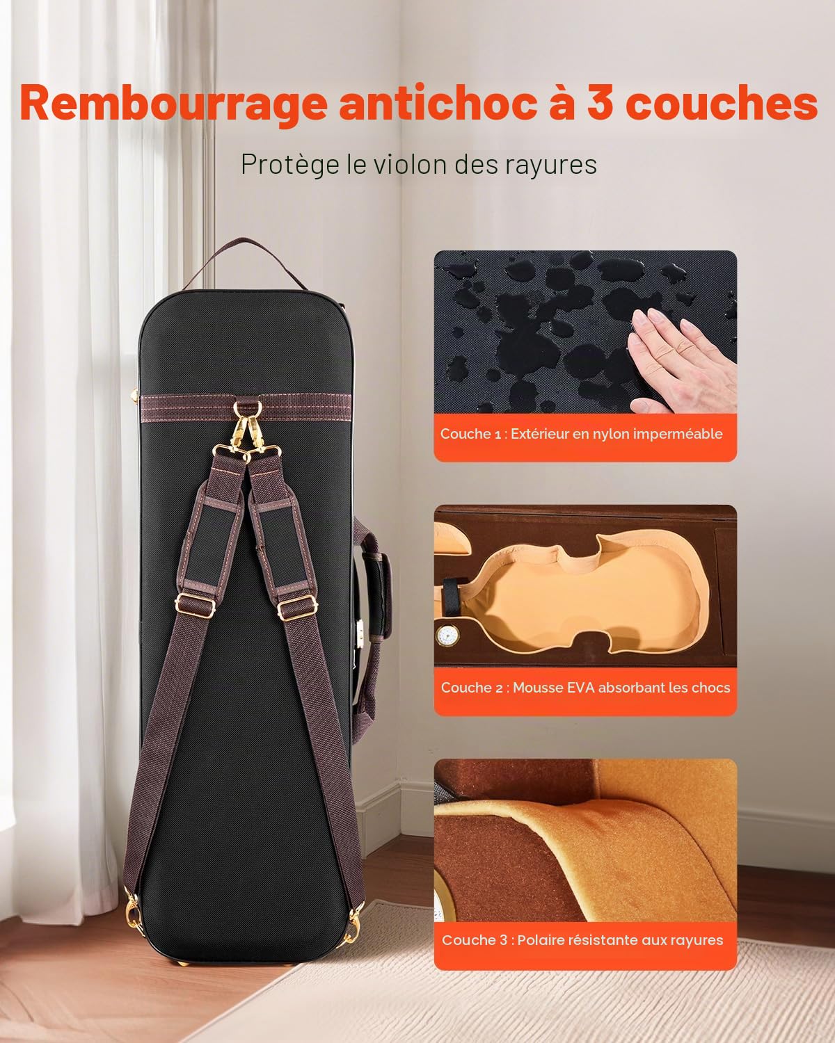 VEVOR Étui pour Violon 4/4, en Nylon, Léger et Portable, Hygromètre Intégré, avec Doublure en Peluche, Double Bandoulière, Anti-Rayures, de Forme Oblongue Professionnelle, Transport Confortable, Noir