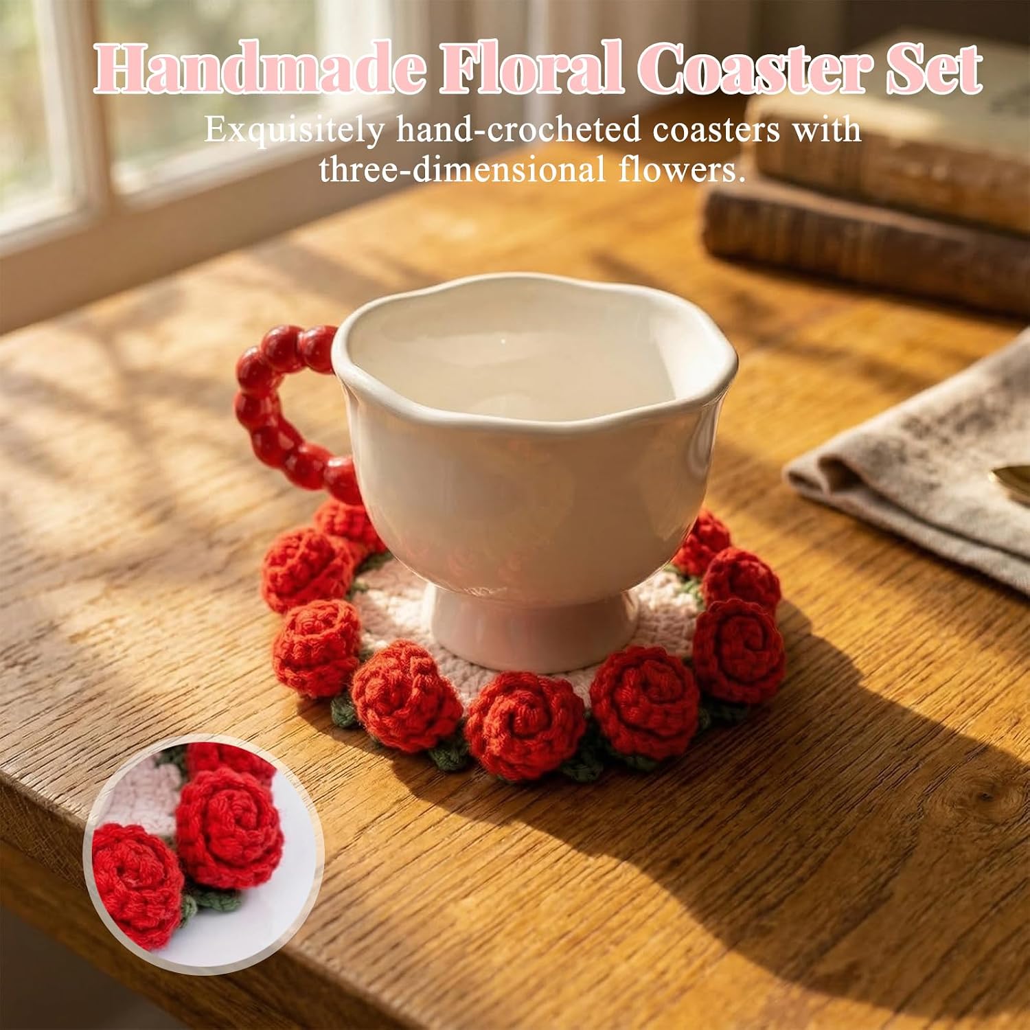 Handmade Crocheted Floral Coasters, Crocheted Bouquet Blankets Paired with Mini Crocheted Flower Pots—Perfect for Floral Decorations in Offices, Homes, and Cars (Little Daisy)