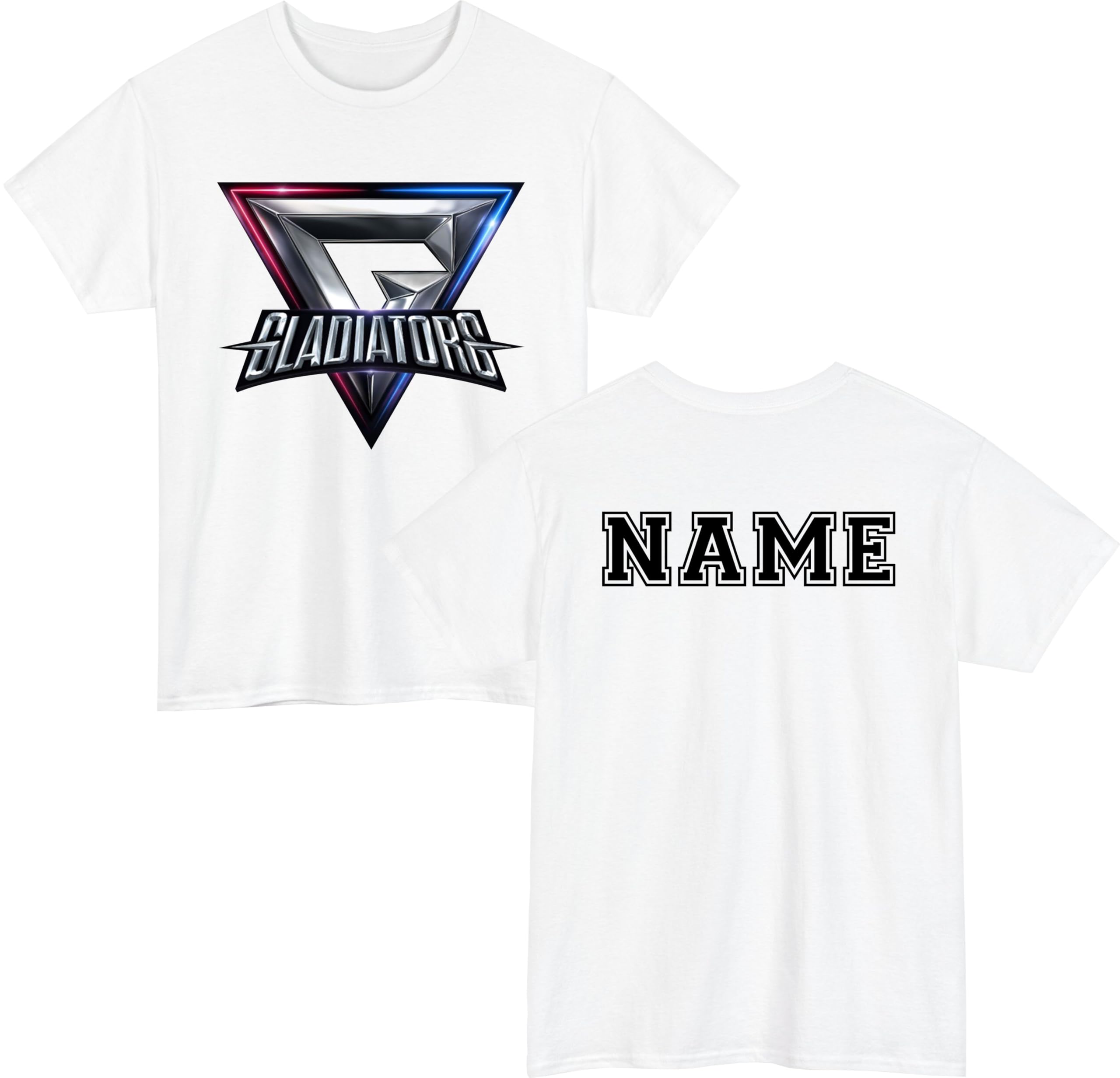 Personalised Gladiators Metallic T-Shirt - Custom Name Unisex Sports Top - Sports & Gaming Gift Tee White