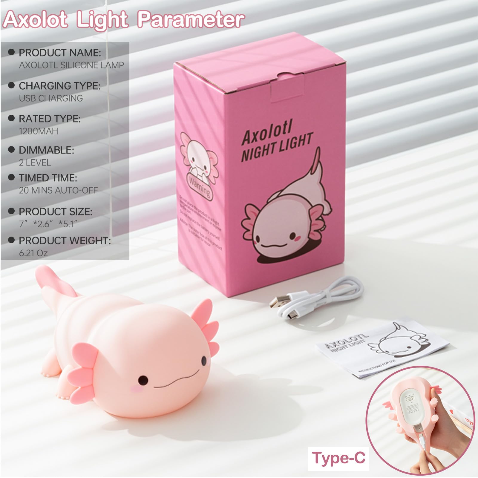 Axolotl Lampe, Axolotl Niedliches Nachtlicht, Geschenke, wiederaufladbares Nachttisch-Nachtlicht, dimmbare Squishy-Silikon-Tier-Touch-Lampe, Babyzimmer-Dekor, rosa Nachtlicht für Kinder, Teenager