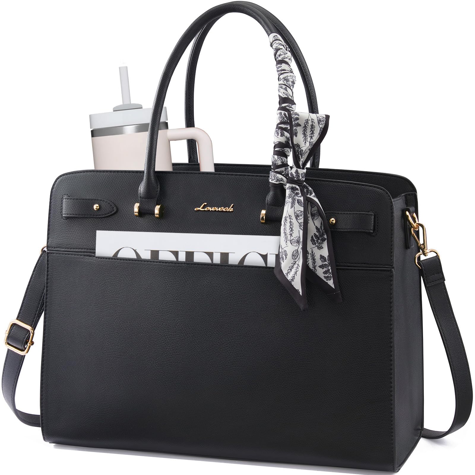 LOVEVOOK Handtasche Damen Groß mit Seidentuch, Laptoptasche 15,6/17,3 Zoll, Elegante Arbeitstasche mit Separates Gepolstertes Laptopfach, Wasserabweisender PU Leder Shopper Tote Bag für Uni Büro