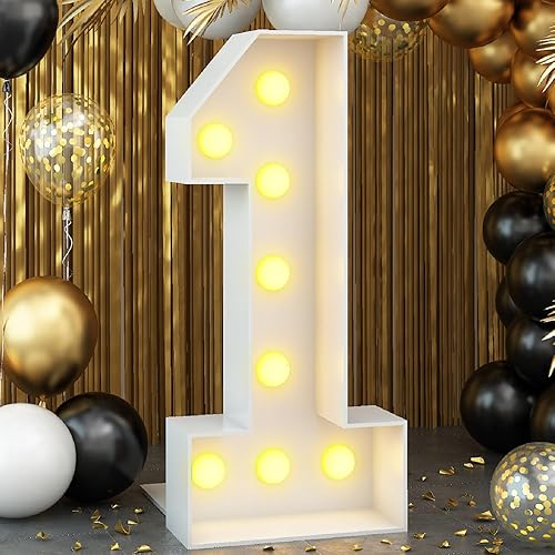 Números blancos iluminados de 4 pies con luces para decoración de fiesta de primer cumpleaños, marco grande de mosaico de marquesina con ranuras