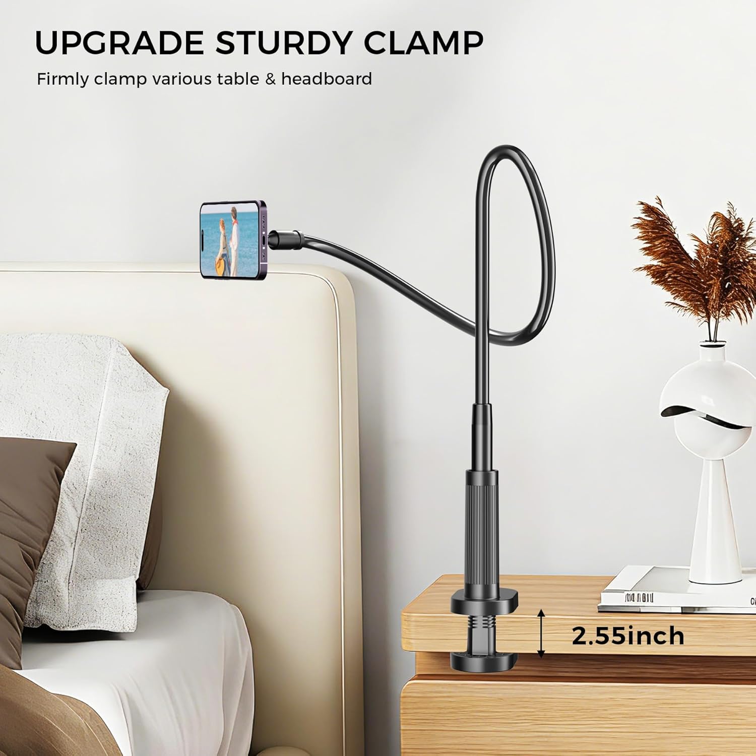 Gooseneck Phone Holder for Bed Laying Dowm, Magnetic Cell Phone Stand for Desk Headboard Bedside, Flexible Long Arm Mount Bracket Compatible with iPhone 17 16 15 14 13 12.