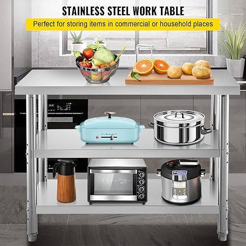 Miniatura 3 de VEVOR Mesa de preparación de acero inoxidable, 60 x 14 x 33 pulgadas, mesa comercial de acero inoxidable, 2 mesas ajustables para preparación de
