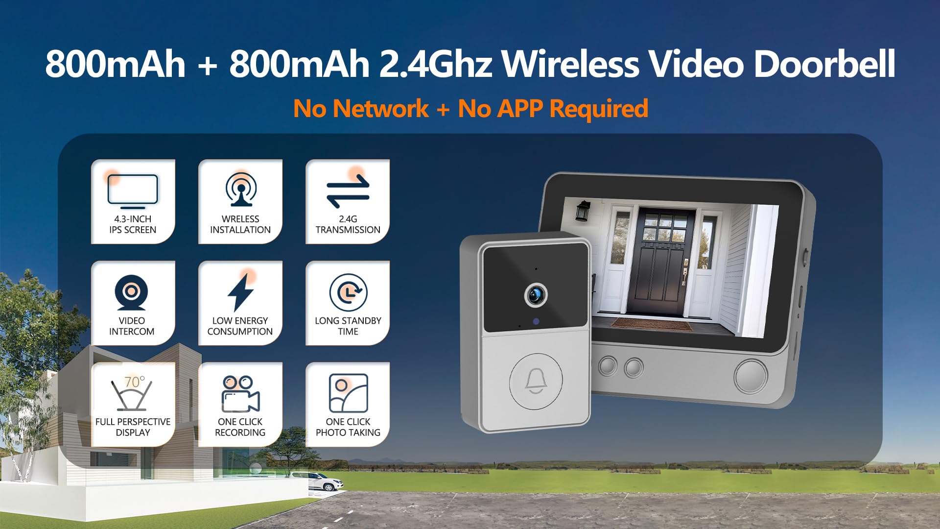BEEBIRD Wireless 720p Video Doorbell with 4.3" LCD Display Screen | 70° Wide Angle | 2 Way Audio | Night Vision Smart Digital Doorbell Intercom System — Amazon image 2