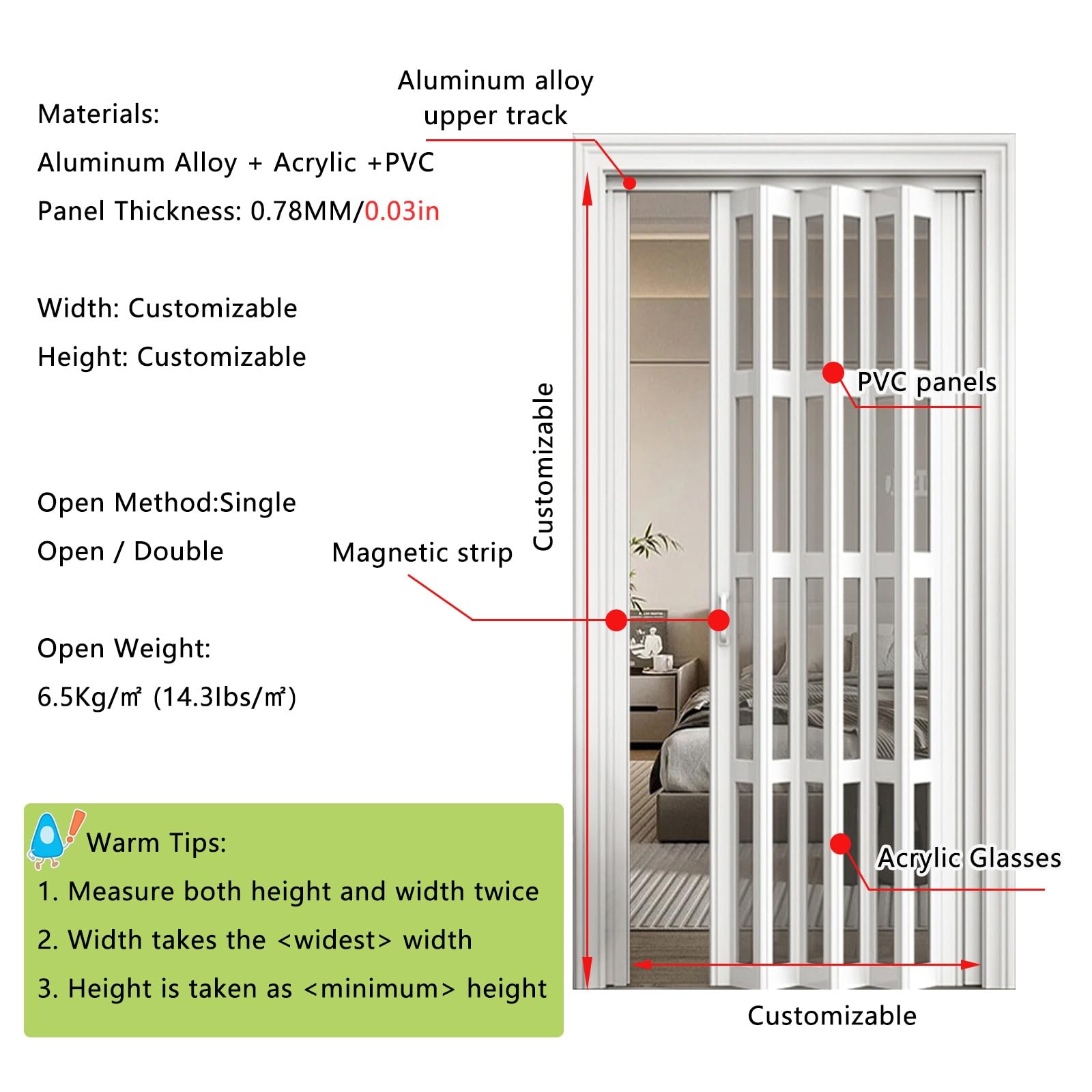 Porte a Libro Porta per Armadio a Soffietto Pieghevole Plissettata Bianca, Porte Interne per la casa Pre-appese, Porte scorrevoli per corridoi Interni dell'Armadio(44''x95''(112x241cm))