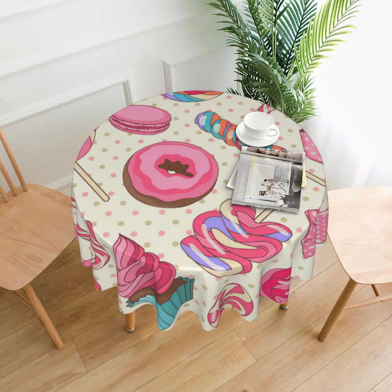 SDEGTHO Colorful Sweet Lollipop Cupcake Donut Print Modern Retro Round Tablecloth 60in Polyester Fabric Cover for Party Dining Table Washable
