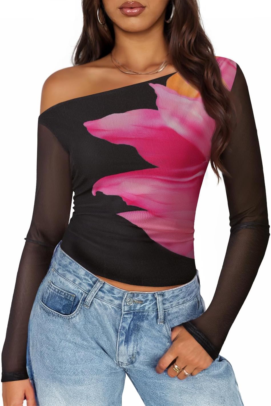 ZESICA Women's Floral Off Shoulder Long Sleeve Tops 2026 Spring Mesh Ruched Fitted Trendy Going Out Shirts Blouses