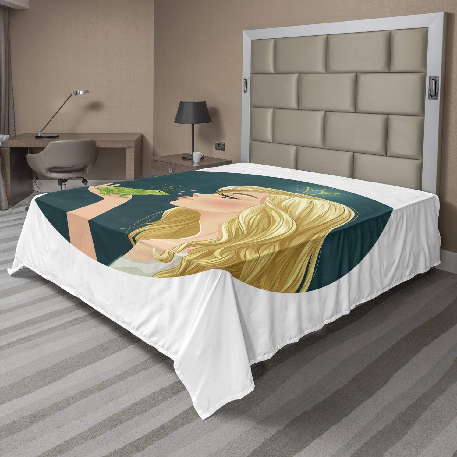 Ambesonne Tale Flat Sheet, Cartoon Kisses The Frog in Round Frame Romance Cartoon, Soft Comfortable Top Sheet Decorative Bedding 1 Piece, Full Size, Multicolor