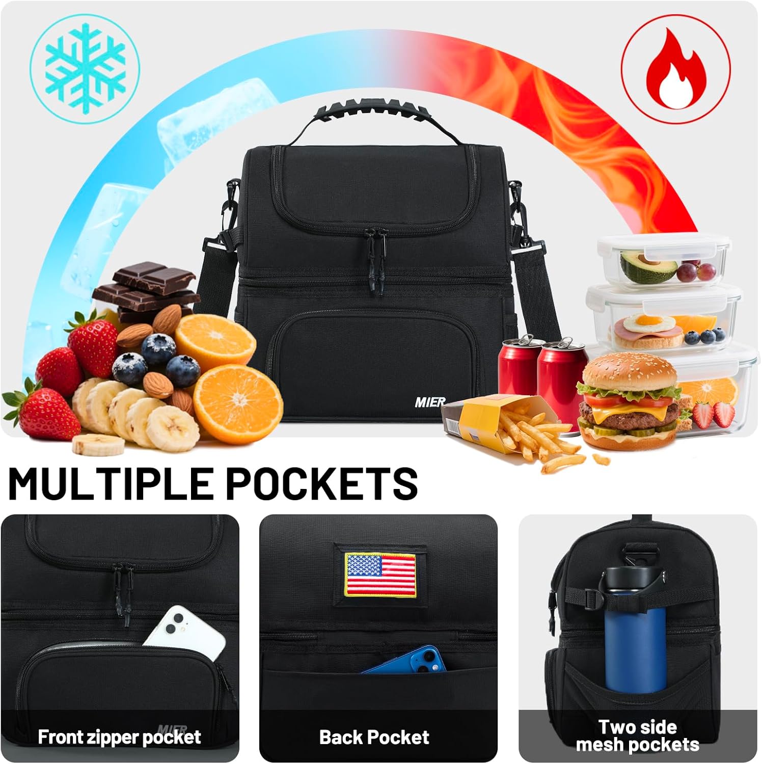 MIER Dual Compartment Lunch Bag Tote with Shoulder Strap for Men and Women Insulated Leakproof Cooler Bag, Black - Image 3