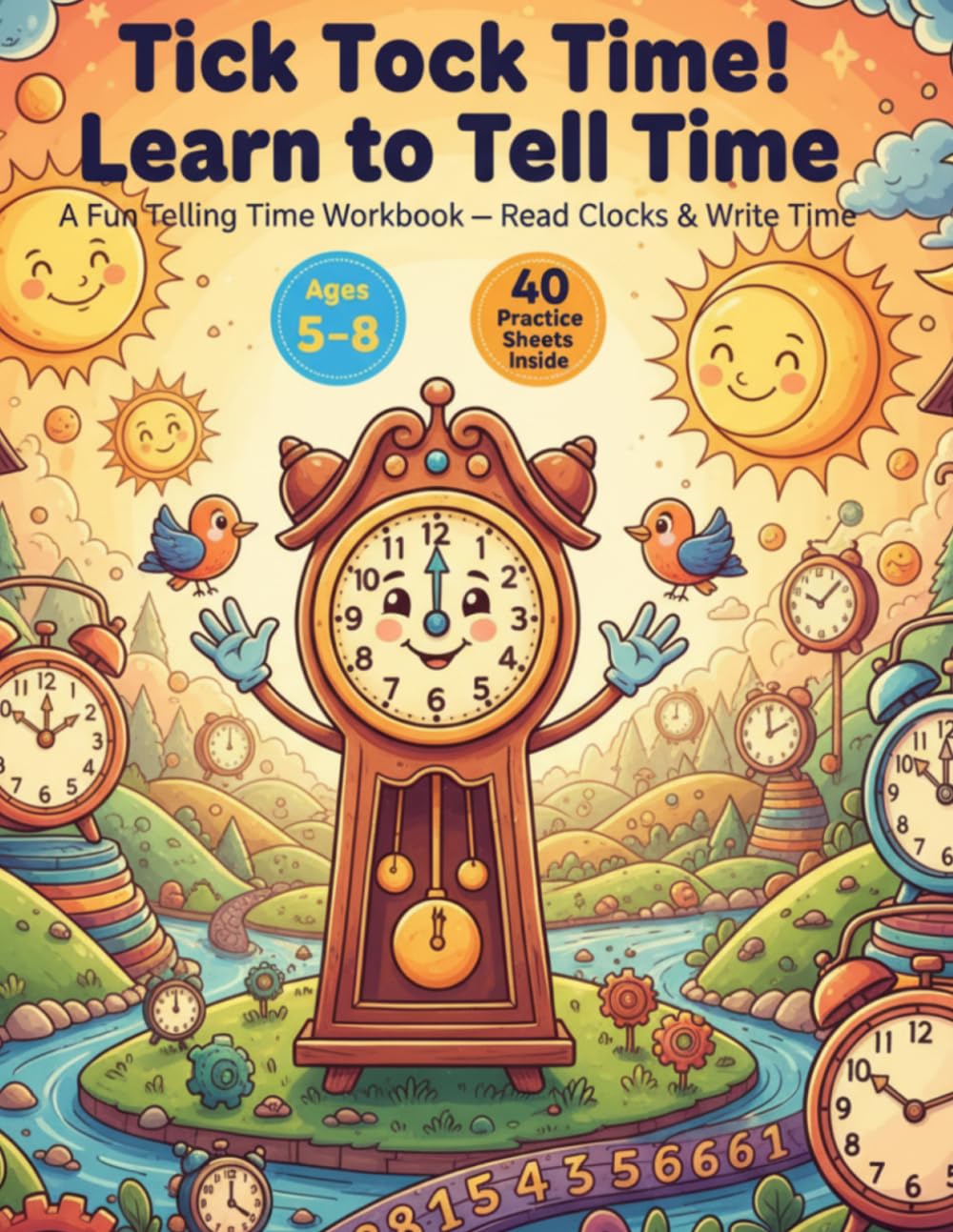 Tick Tock Time! Learn to Tell Time: A Fun Telling Time Workbook for Kids Ages 5–8 | Read Clocks, Write the Time, and 40 Practice Sheets for O’Clock, Half Past & More
