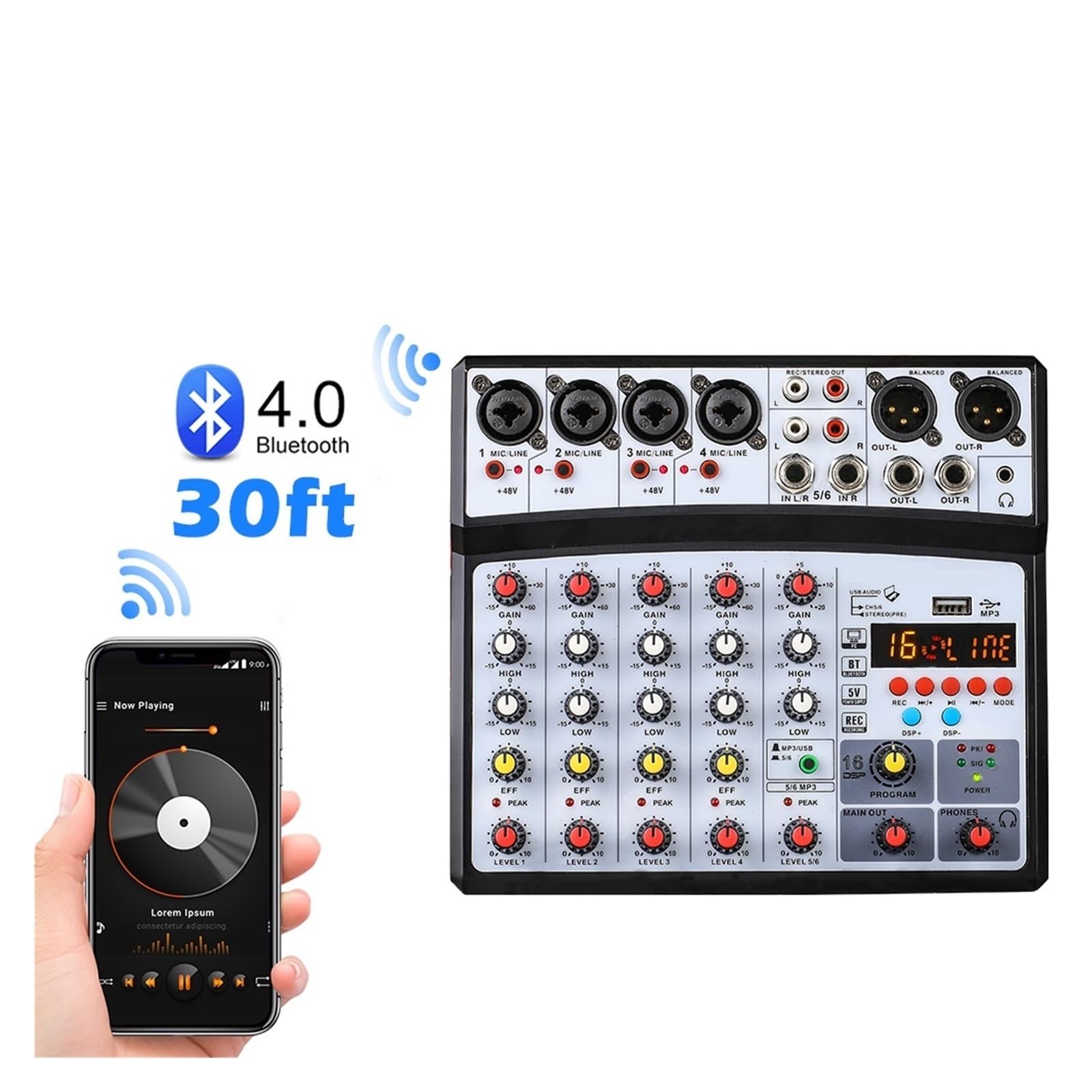 Mikser audio, Bezprzewodowy 6-kanałowy Mikser Audio Przenośna Konsola Miksująca Interfejs USB Karta Dźwiękowa Z 16 DSP Echo 48V Zasilanie Phantom Do studia karaoke(06D-White)