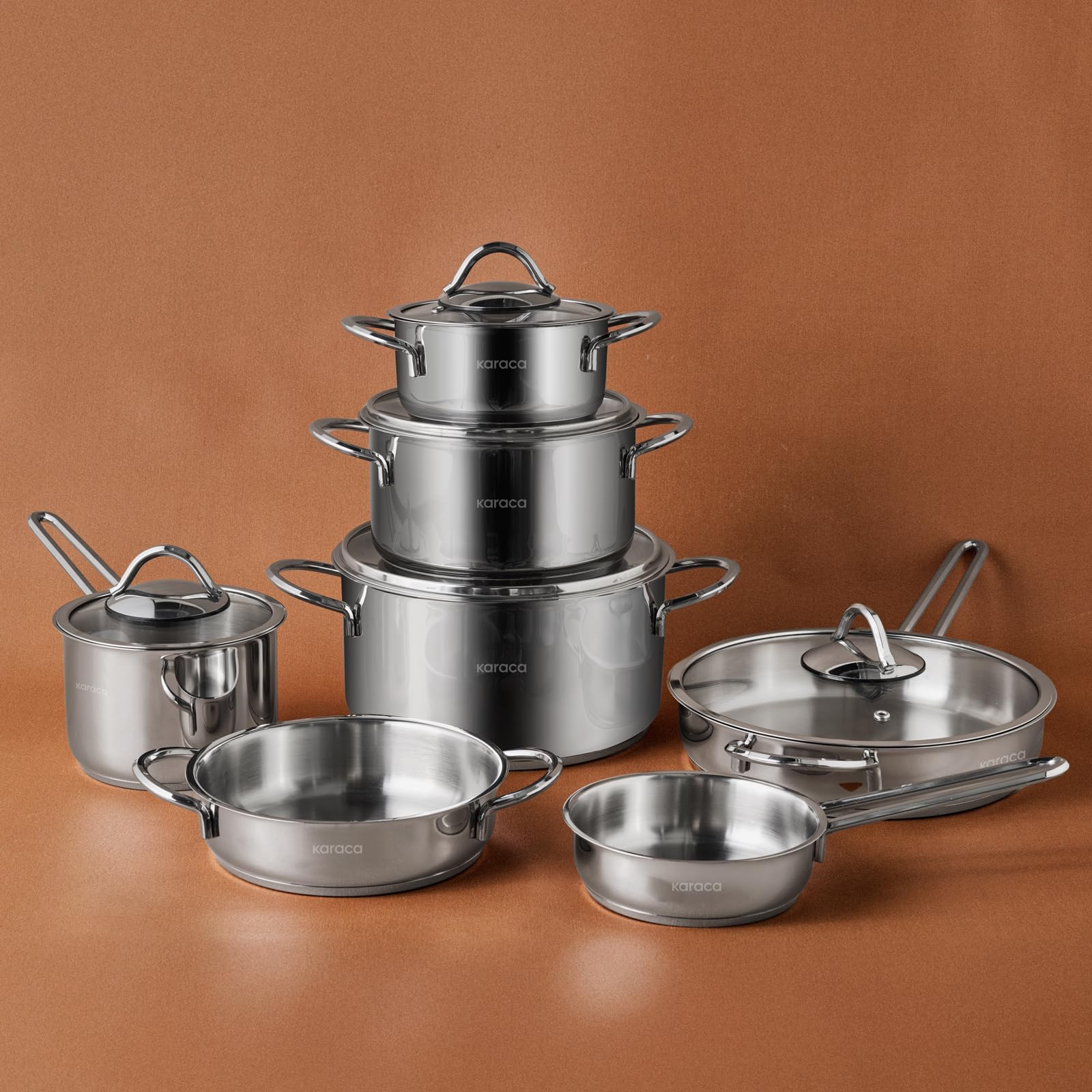 Karaca Ada V2 12-Piece Stainless Steel Induction Cookware Set, Silver