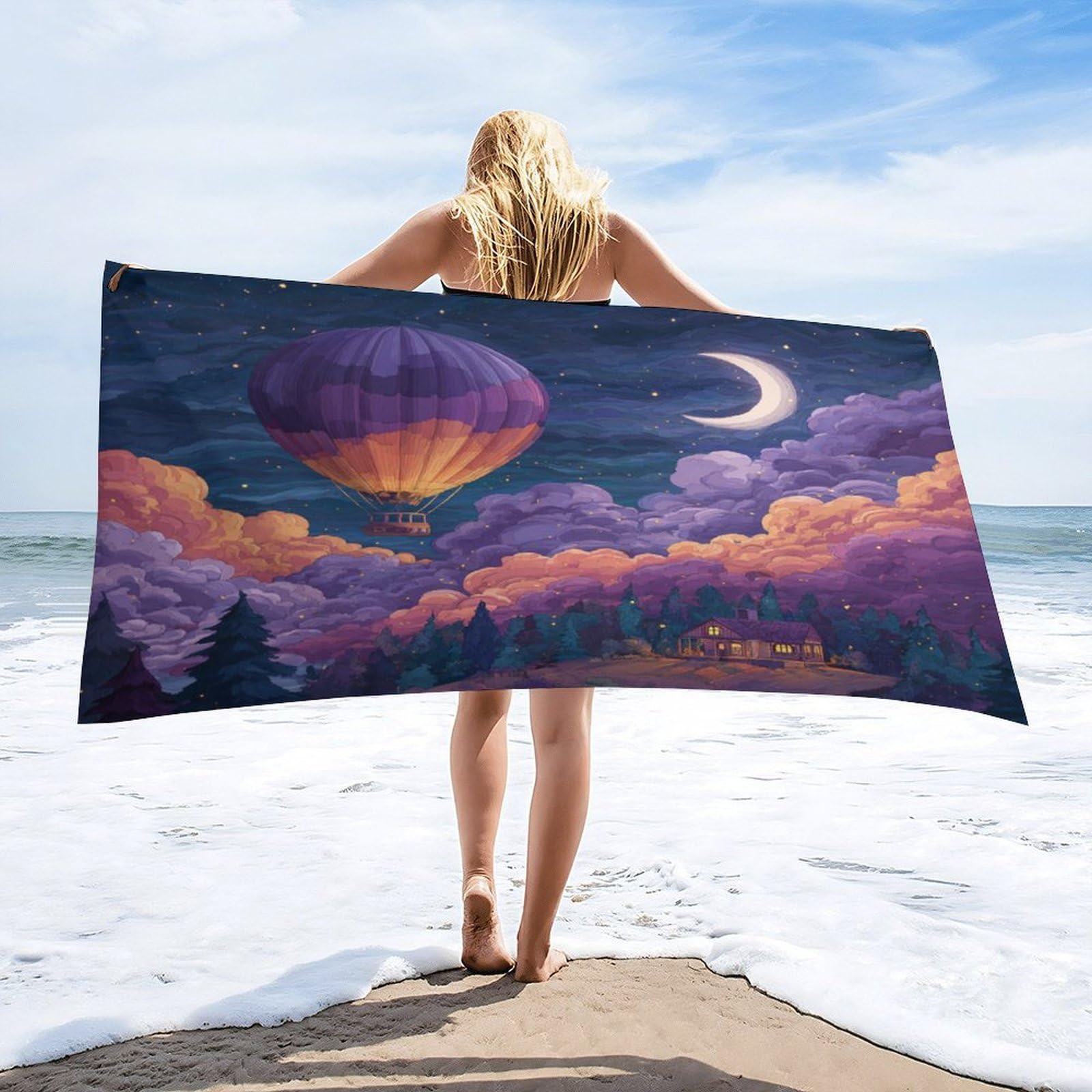 Luyysky Classic Romantic Hot Air Balloon Absorbent Beach Towel, Modern Realistic Starry Sky Enchanted Fairy Forest Cloud Pattern Outdoor Single-Sided Velvet Beach Towel-80 W Cm X 160" L Cm