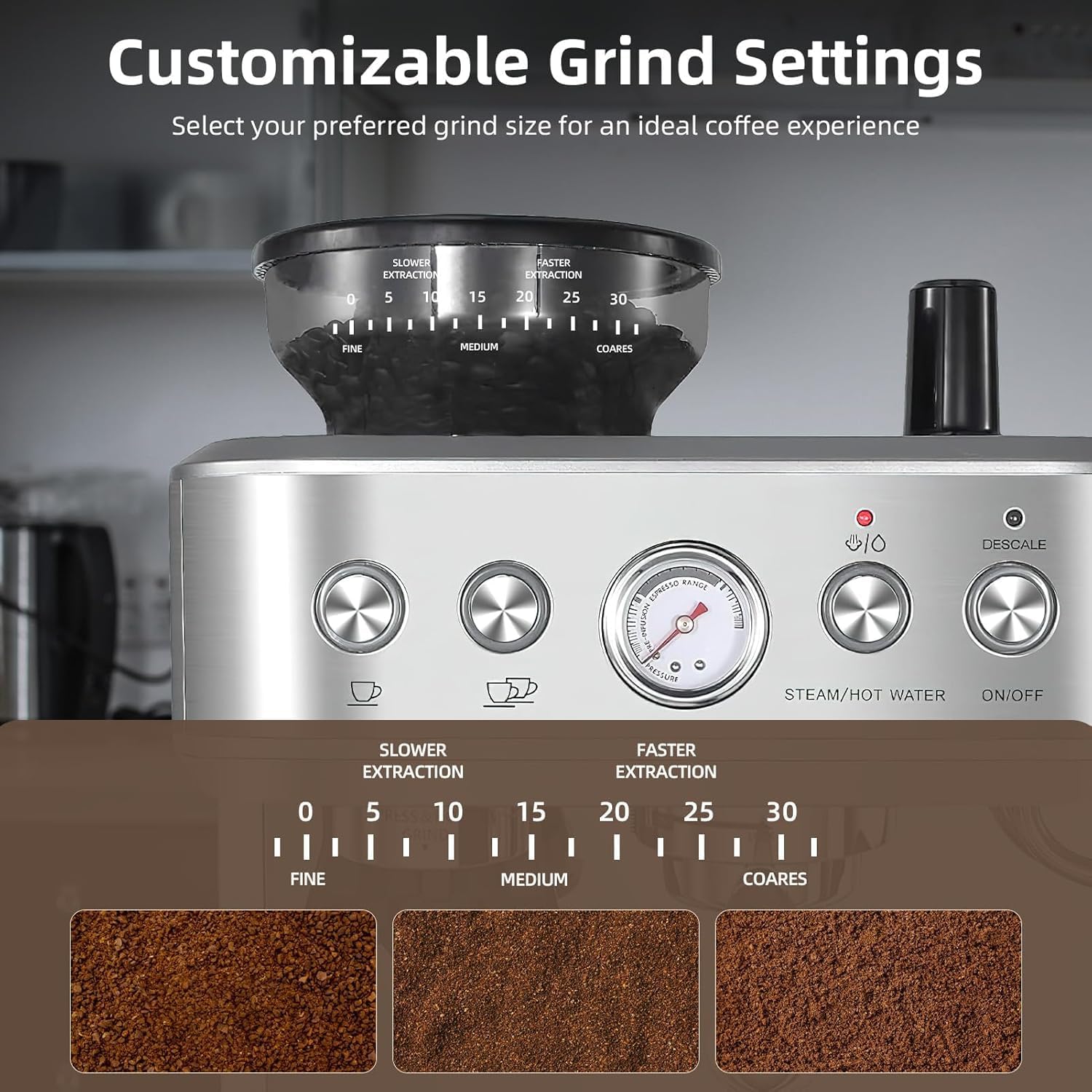 Garvee Cafetera Italiana Automática con Molinillo Integrado – 15 Bares y Control PID – Espresso Profesional en Casa con Boquilla de Vapor, Depósito 2,3L, Acero Inoxidable, Plateado