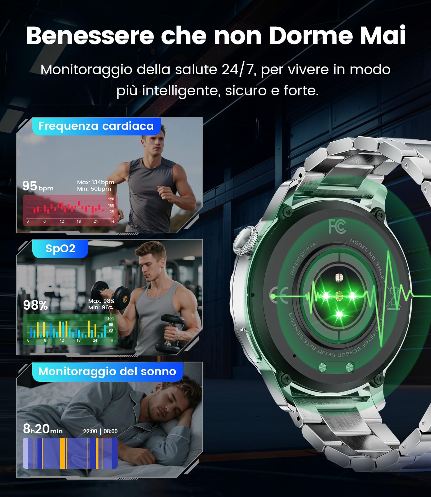 Smartwatch Uomo,1.43" AMOLED Orologio Smartwatch Uomo con Chiamate Bluetooth,123 Modalità Sportive,Monitoraggio Frequenza Cardiaca e Pressione,Cassa Acciaio Inox,per Android iOS(SML21-D)