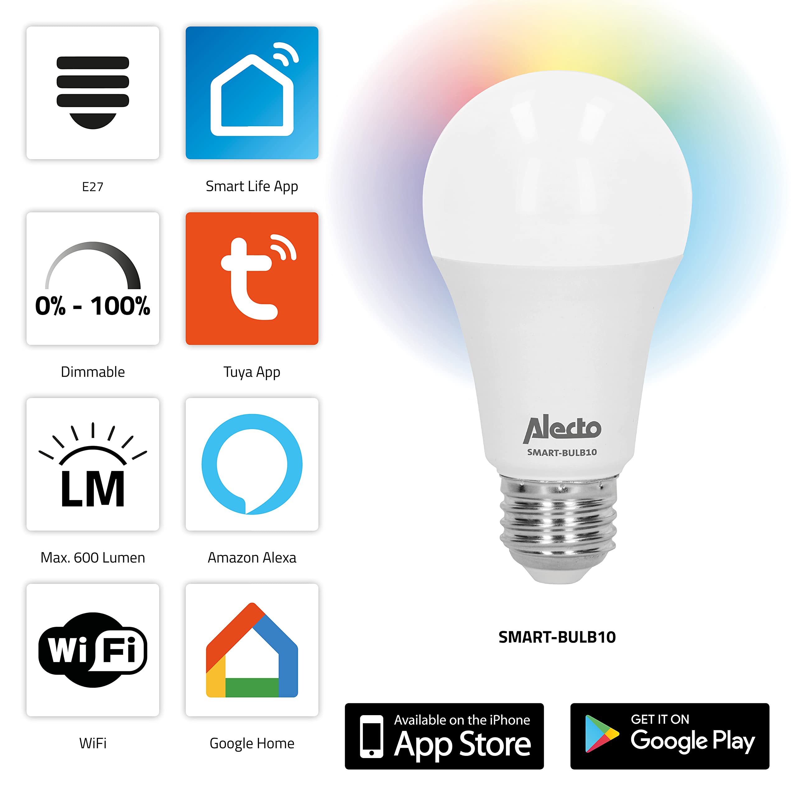 Alecto SMART-BULB10 TRIPLE smarte WLAN Glühbirne - E27 Fassung - LED Lampe - Maximal 806 Lumen - 16 Millionen Farben - Smart Life App - Alexa und Google Home - 3 Stück - Weiß