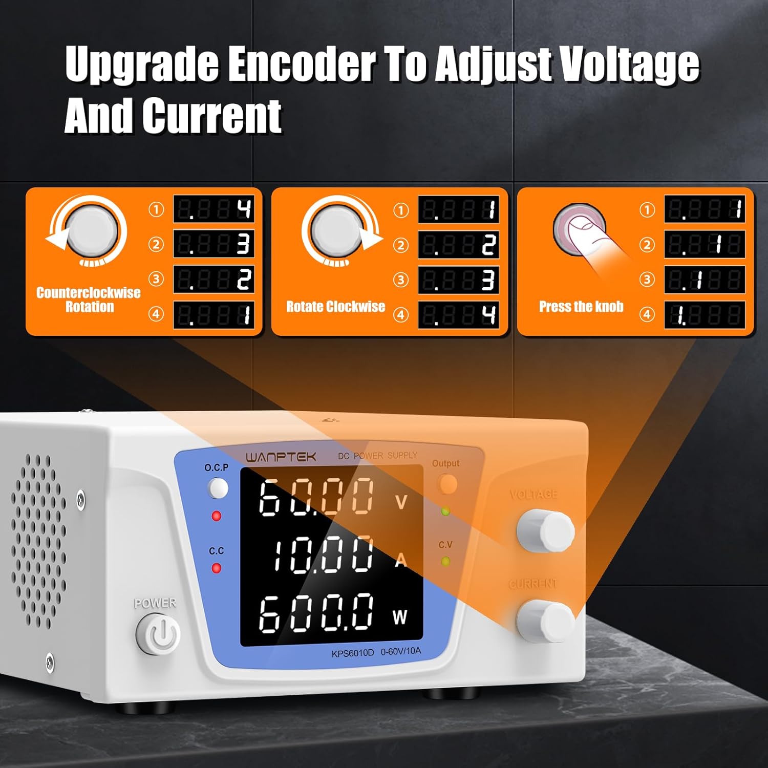 Detail of encoder knob for voltage and current adjustment