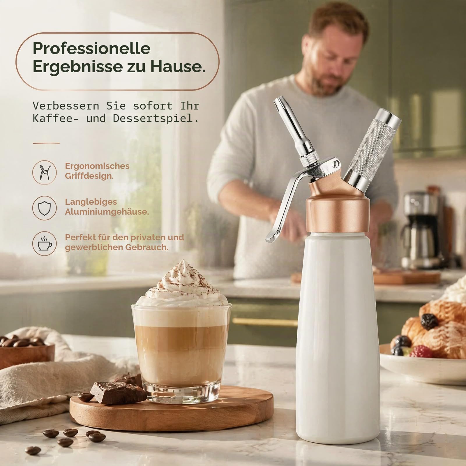 Professional Sahnespender, 0.5 Liter Aluminium-Legierung, Sahne-Peitsche, Kanister mit goldener Oberseite und 6 Dekorationsspitzen, für hausgemachte Schlagsahne (weiß) | Aluminiumlegierung, goldfarbene Oberseite, 6 Spritztüllen, für hausgemachte Schlagsah