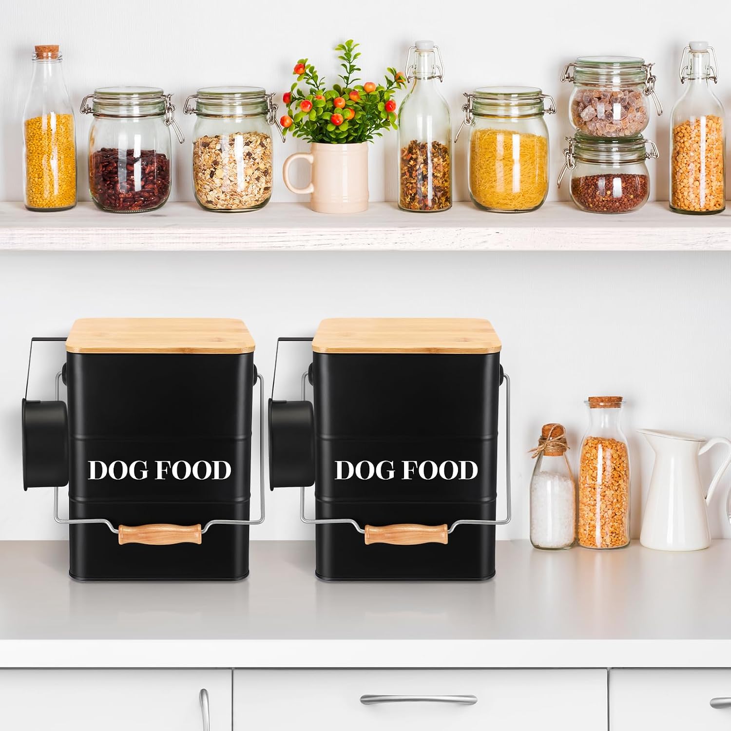 Tioncy 2 Pcs Metal Dog Food Storage Containers Total 10-14 Lbs (50 Cup) Capacity, Airtight Pet Food Canister with Bamboo Lids Scoop DIY Labels Dog Treat Storage Jars for Kitchen Counter(Matte Black)