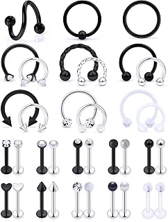 16G Lip Rings Stainless Steel Horseshoe Snake Bite Piercing Monroe Lip Rings Labret Medusa Piercing Jewelry Tragus Forward Helix Cartilage Earrings Studs Piercing Jewelry for Women Men 35PCS