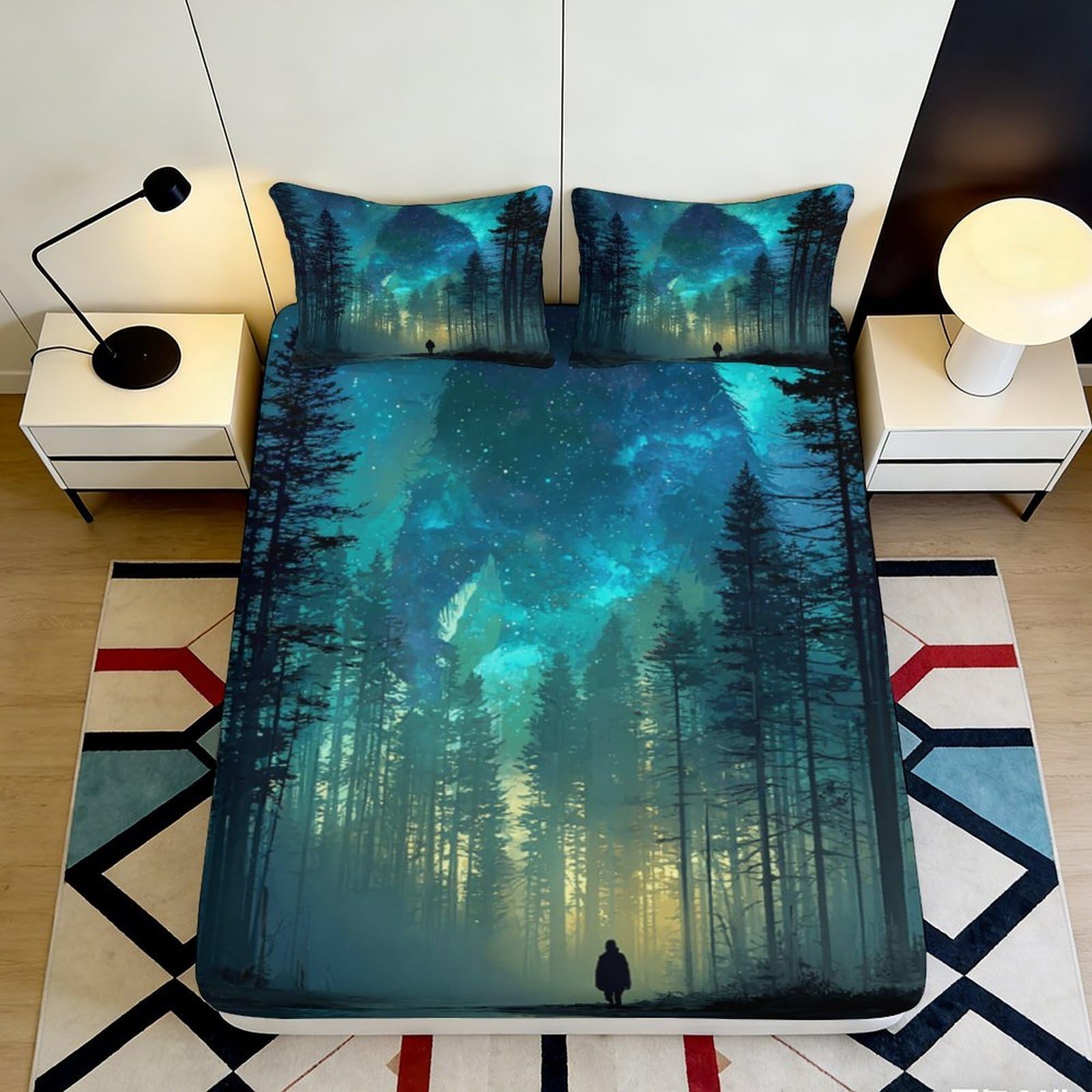 3D Printed Starry Forest Fitted Sheet Microfiber Durable Soft Cosmic Nebula Bed Sheet for Bedroom Dormitory Guest Room Mattress Protection 140x200x25cm