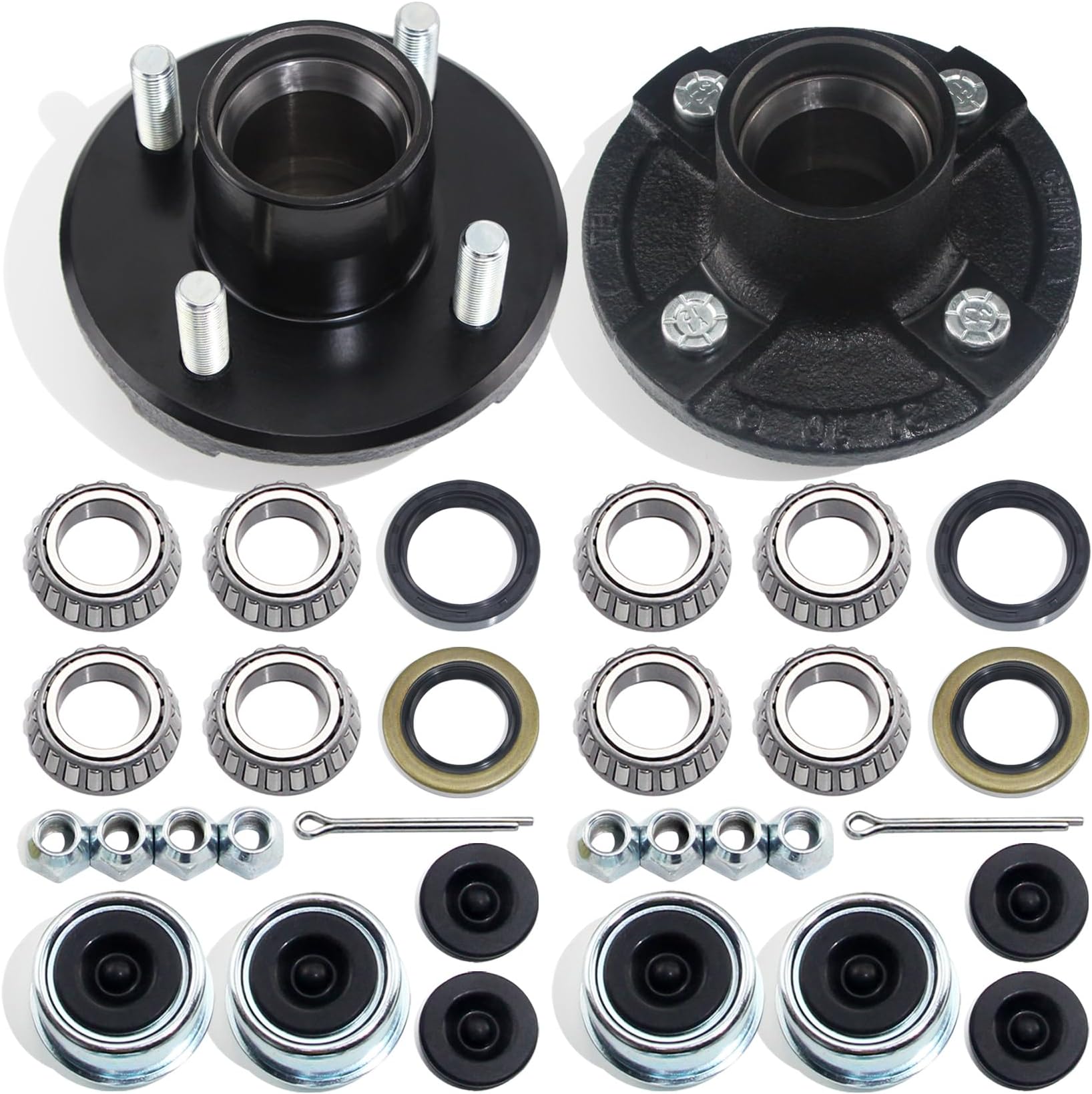 2 Sets 4 on 4'' Trailer Hub Kit for 2000 lbs 1" or 1-1/16" Trailer Straight Axle, 4x4'' Trailer Idler Hub Kit 4 Bolt, Fits 1" and 1-1/16" Spindle, Trailer Hub Kit with Extra Cap & Rubber Plug