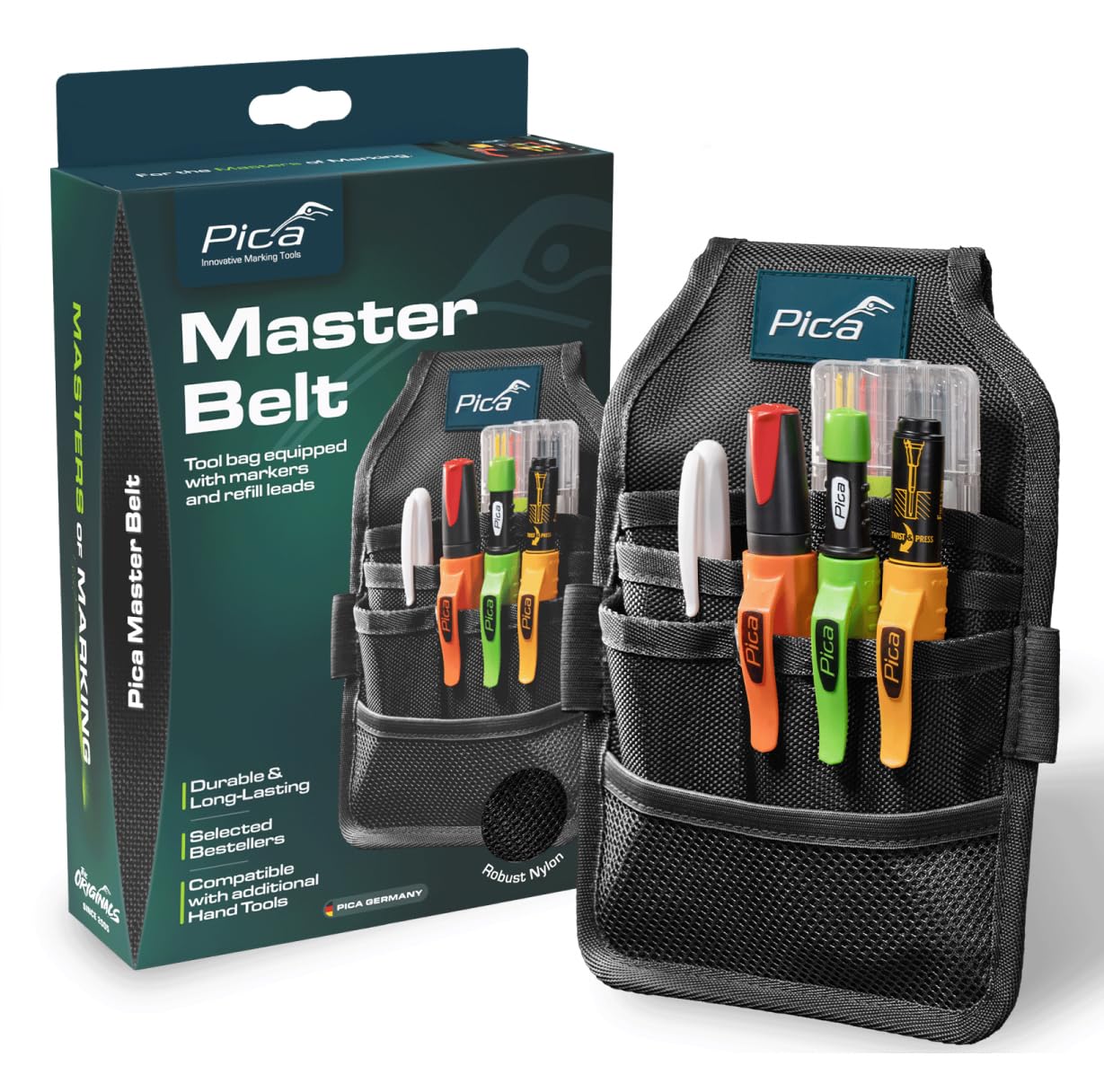 Pica Master Belt 55060 | Riñonera Cinturón portaherramientas para Artesanos | Incluye Pica Dry 3030, Minas Dry 4020, Ink Negro, Visor Permanent 990/40, Instant‑White 532