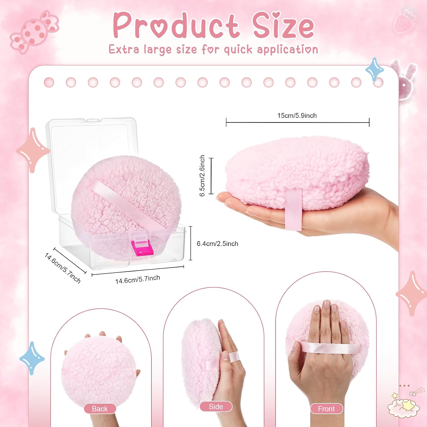 3 Pcs Large Powder Puff and Container 6" x 3" Women Body Powder Soft Fluffy Oversize Dusting Puff for Body Face Washable Reusable Wet Dry Makeup Supply (Pink)