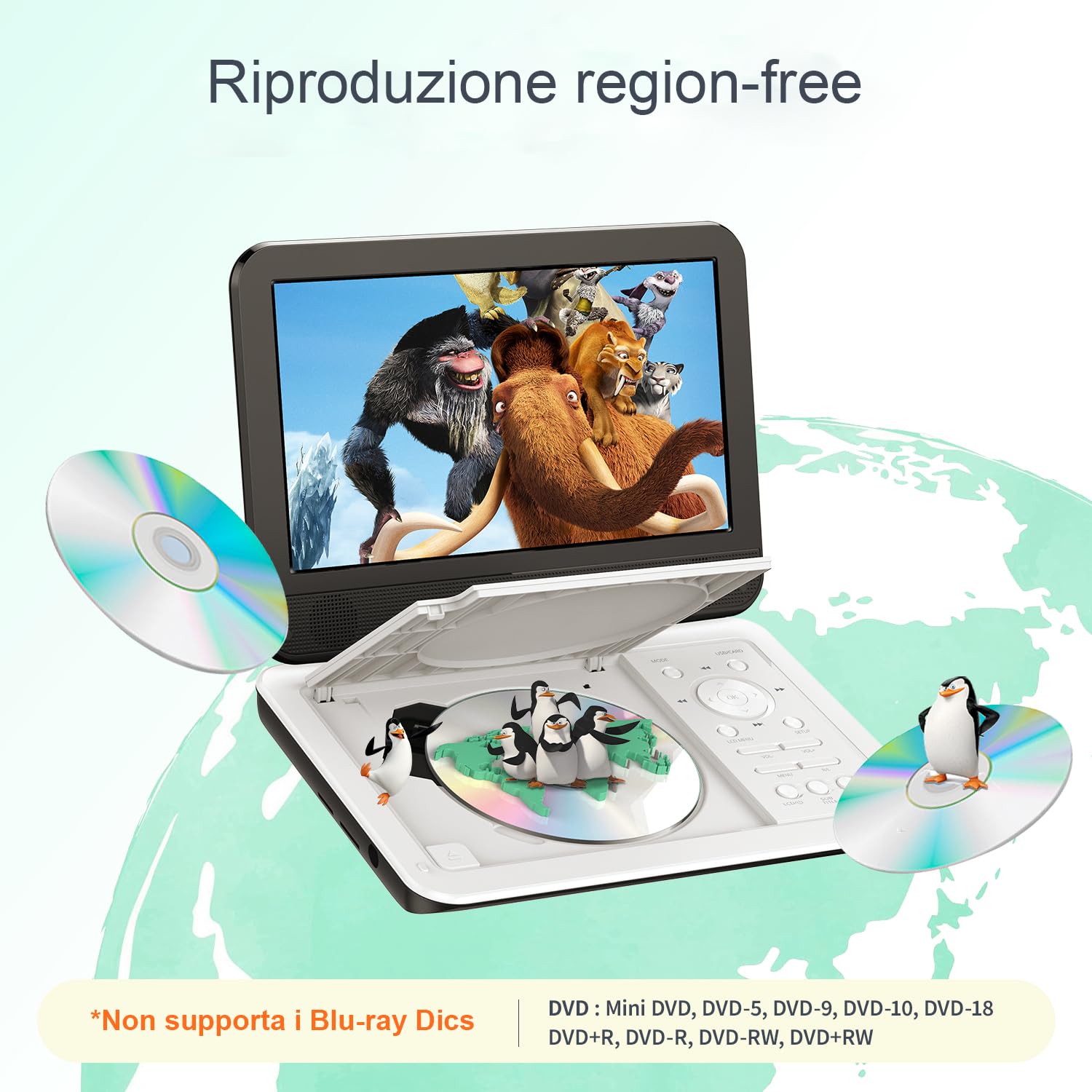 YOTON Lettore DVD Portatile 12,5" con Schermo Girevole HD da 10,5" per Auto e Bambini, con Caricatore per Auto, Supporta 6 Ore di Batteria Integrata e USB/scheda SD/sincronizzazione TV, Bianco