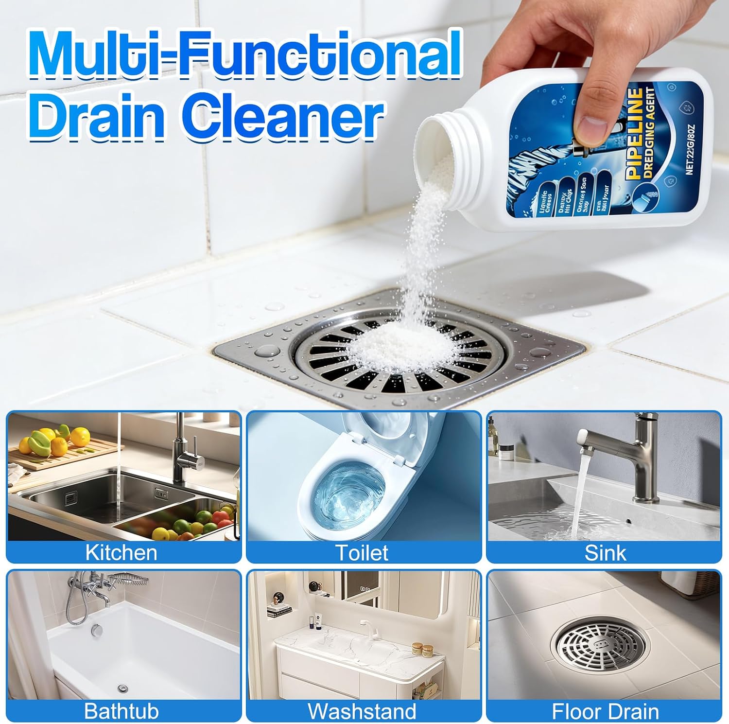 Powerful Drain Cleaner & Deodorizer, Pipeline Dredging Agent for Kitchen Sink & Bathroom, Fast-Acting Drain Clog Remover, Safe for All Pipes, Hair Grease Dissolver, 2pcs