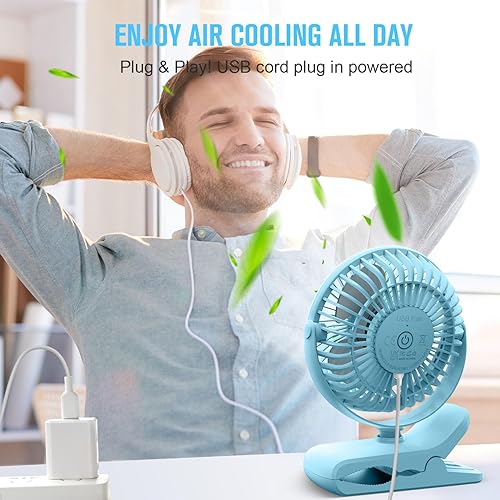 Vista 6 de BESKAR Clip on Fan, Portable Small Desk Fans with Strong Airflow, 3 Speeds with Personal Fans Sturdy Clamp, Quiet Desk Fan & Clip Fan with USB Cord