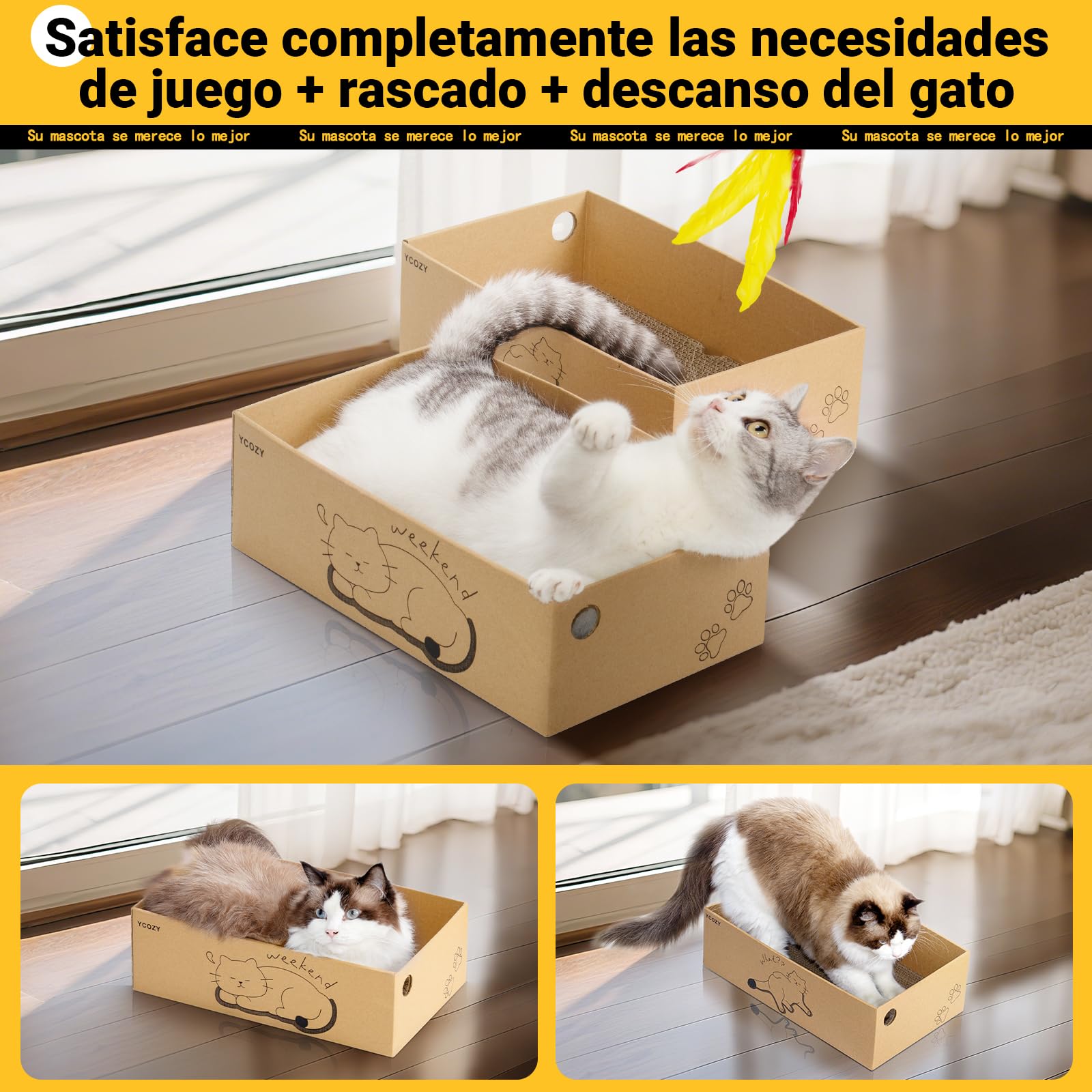 Ycozy Rascador para Gatos con 2 Cajas y 6 Tablas para rascar, Grande XXL, cartón rascador de Doble Cara para Gatos, cartón Intercambiable, Resistente