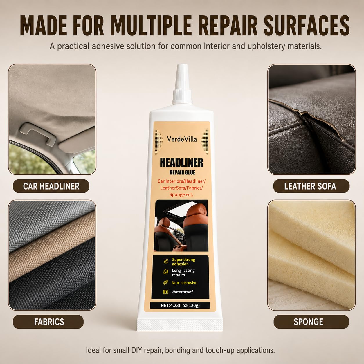 Headliner Repair Glue, Car Headliner Adhesive with Brush, Car Roof Liner Fabric Adhesive, Upholstery Glue for Cars,Headliner Repair Kit, Suitable for Automotive interiors, Fabric, Leather