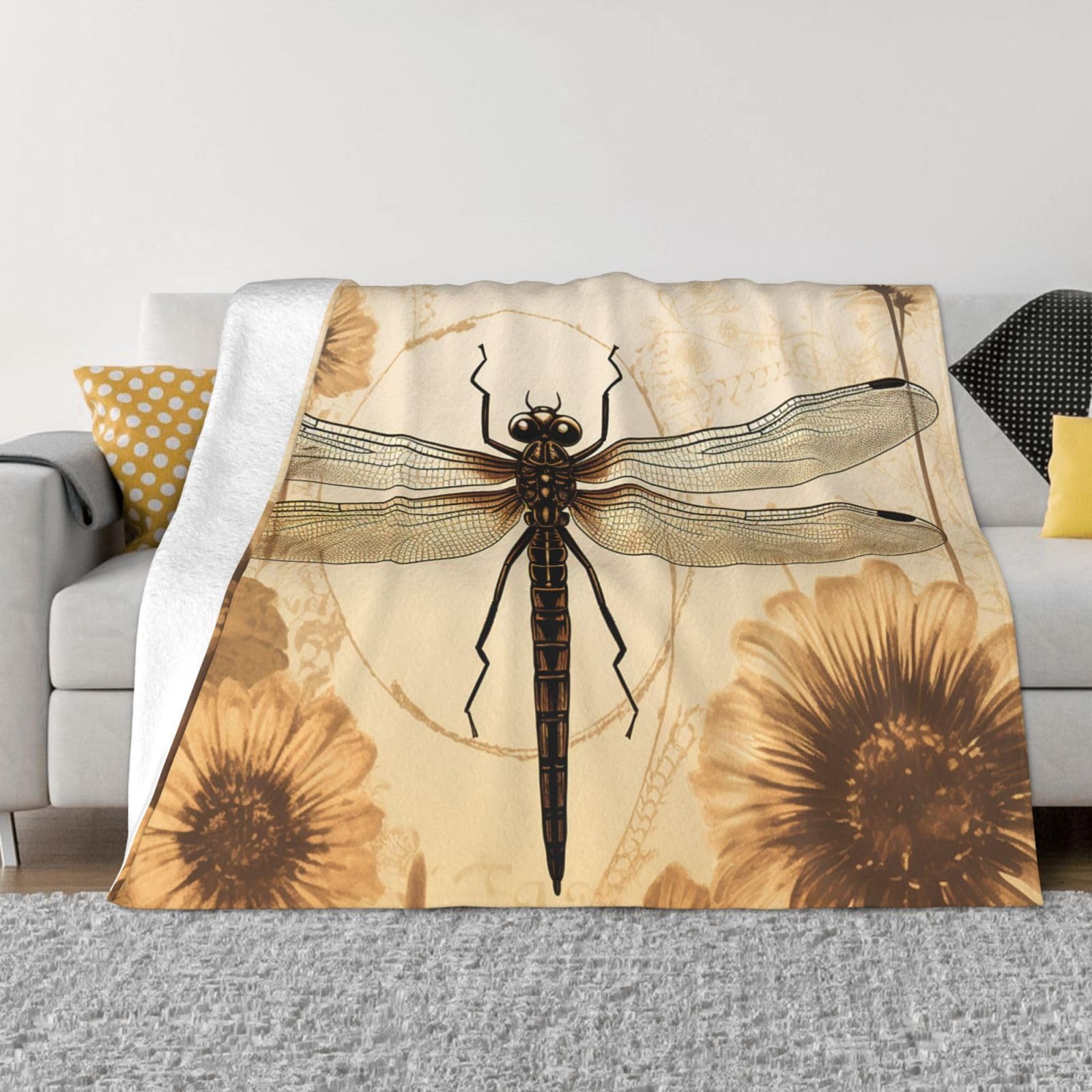 Couverture en flanelle libellule jaune sur grand lit douillet toutes saisons