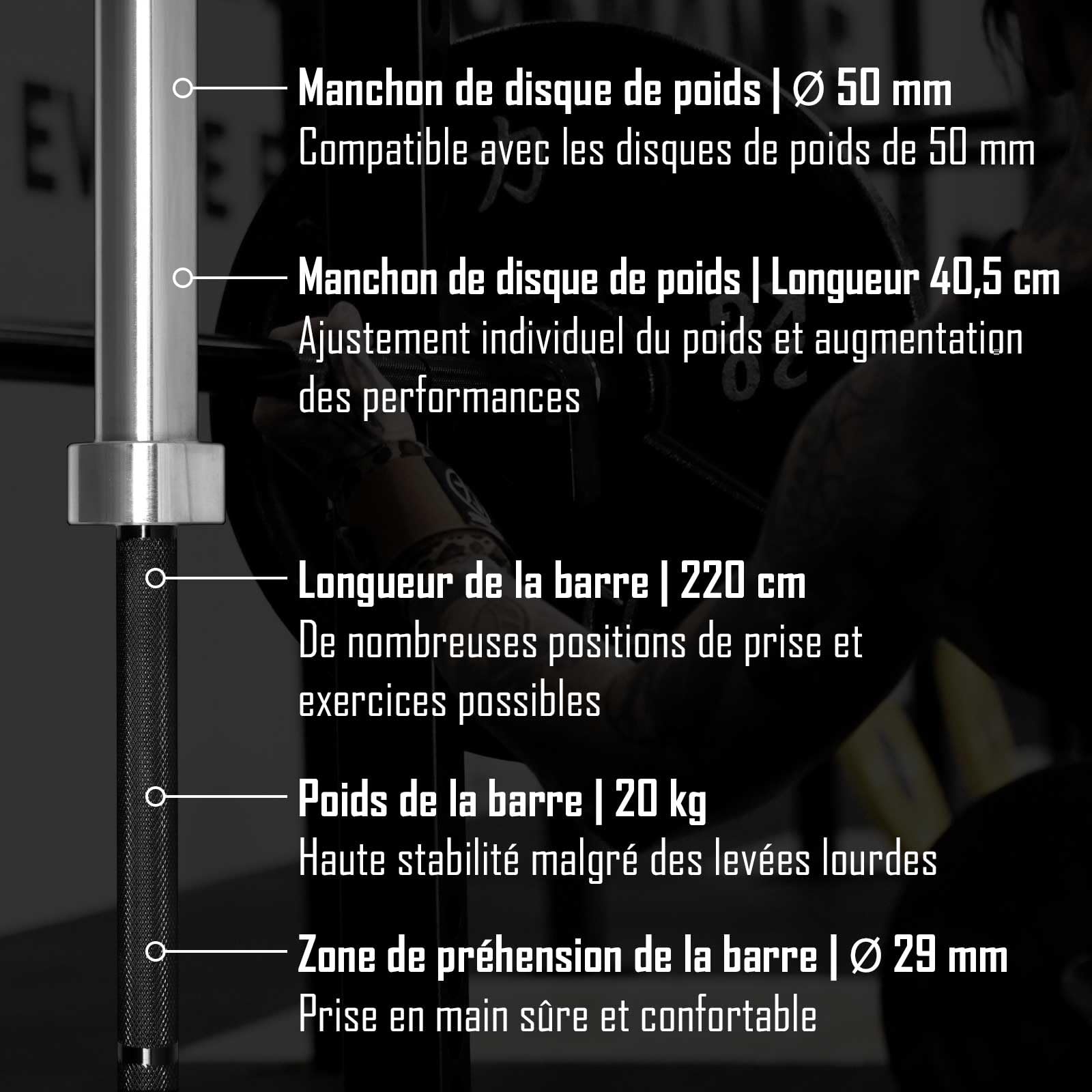 Strength Shop barre olympique 20kg 220cm de long & 29mm ⌀, barre musculation en acier avec prise de disques 50mm et moletage agressif, parfaite comme barbell pour squats, soulevé de terre & plus.