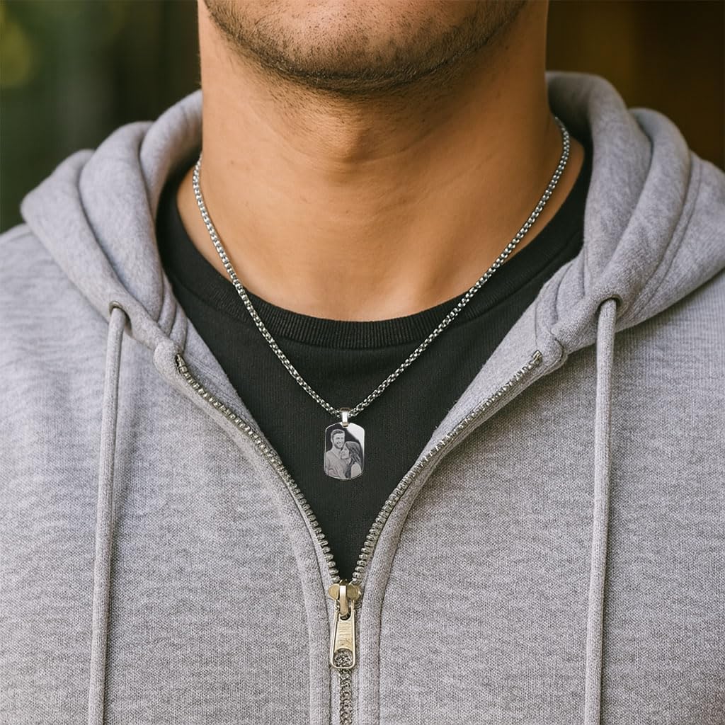 Collar con Foto Grabada | Medalla Rectangular Personalizada para Hombre o Mujer | Joya en Acero Inoxidable con Fotograbado Imagen y Texto en el Reverso