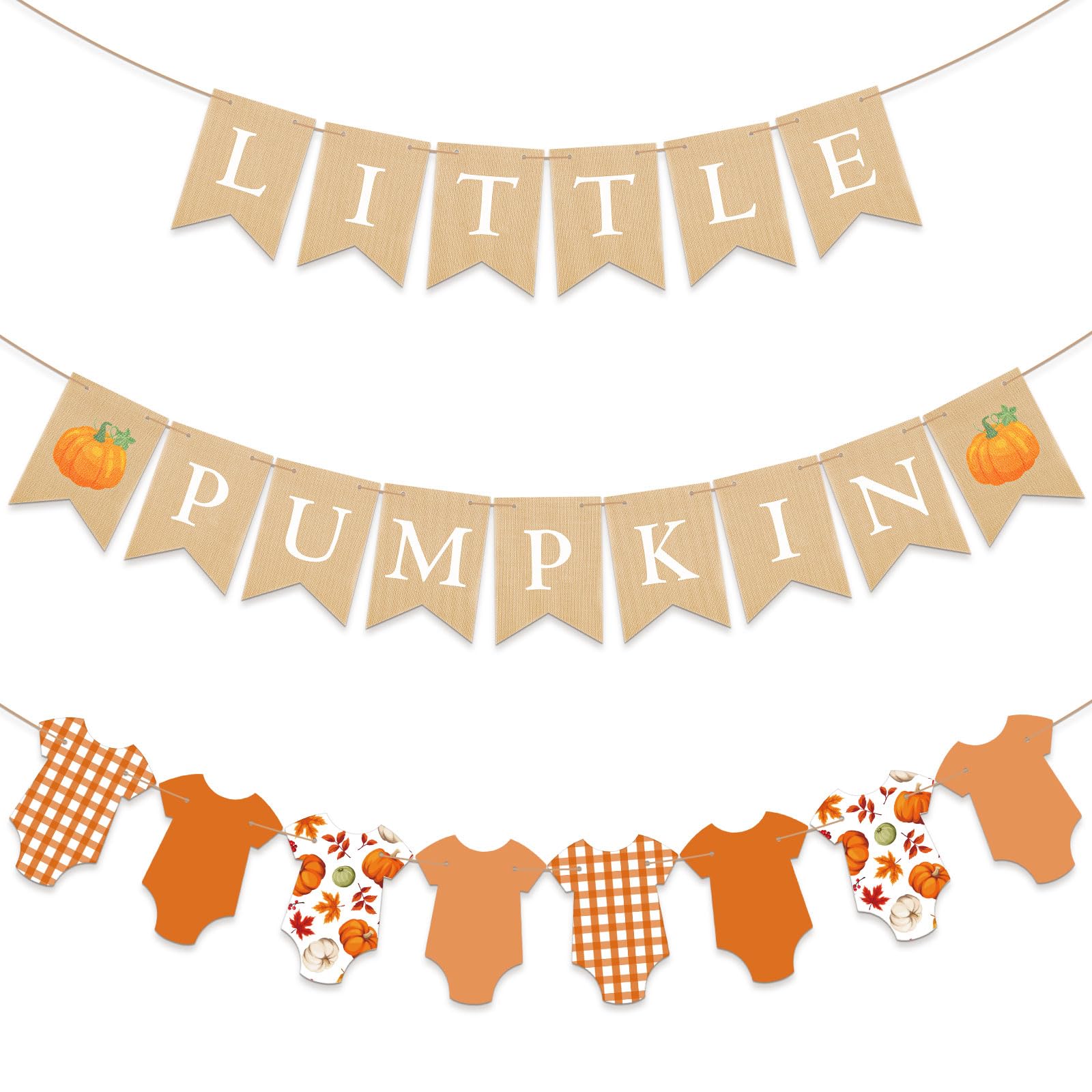 VitalCozy 3 Pcs Little Pumpkin Baby Shower Decorations Baby Bodysuit Banner Pre Strung Burlap Bunting Garland Orange Gingham Newborn Birth Sign for Fall Autumn Thanksgiving Birthday Party Supplies