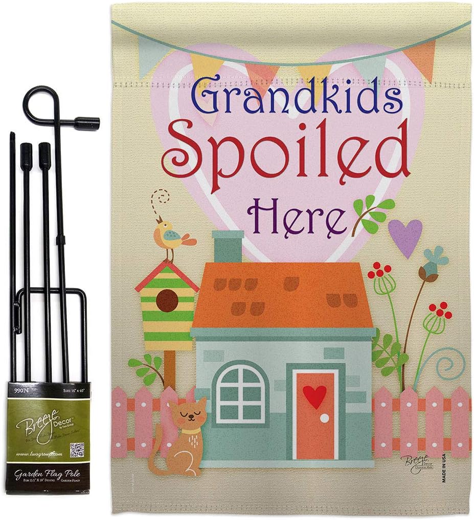 Grandkids Spoiled Here Garden Flag Set with Stand Family Grandkid Grandma Grandpa Grandchildren Parent Sibling Relatives Grandparent Small Gift Yard House Banner Double-Sided Made In USA 13 X 18.5
