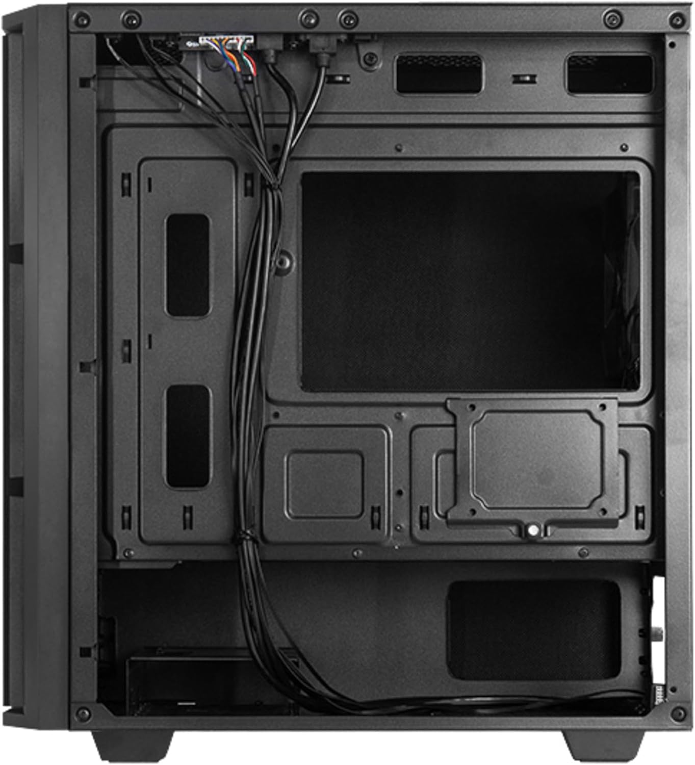 پوئين اندروني حصو view of the Chieftec AZ-01B-OP computer case, highlighting cable management routes and drive mounting points behind the motherboard tray.