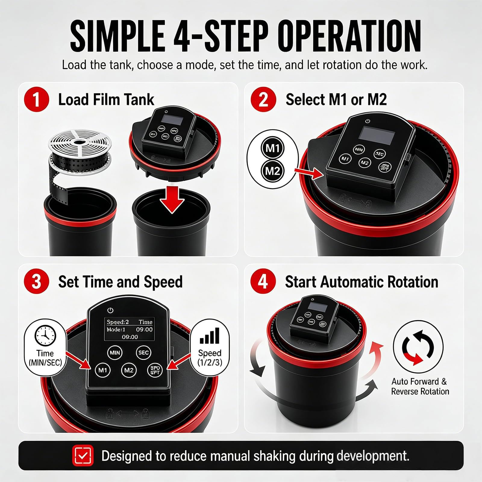 Processore Automatico per Pellicole Kit di Sviluppo Fotografico Domestico | Attrezzatura per Sviluppo in Camera Oscura con Doppia Modalità e 3 Velocità Regolabili per Pellicole 35mm, 120/220 B&N(A)