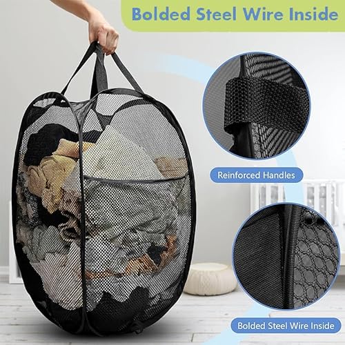 2-Pack Foldable Laundry Baskets, Collapsible Mesh Hamper with Reinforced Handles & Side Pocket, Pop-Up Hamper Organizer for Travel, Home & Camping, Portable Pop-Up Hampers for Laundry Storage - Image 3