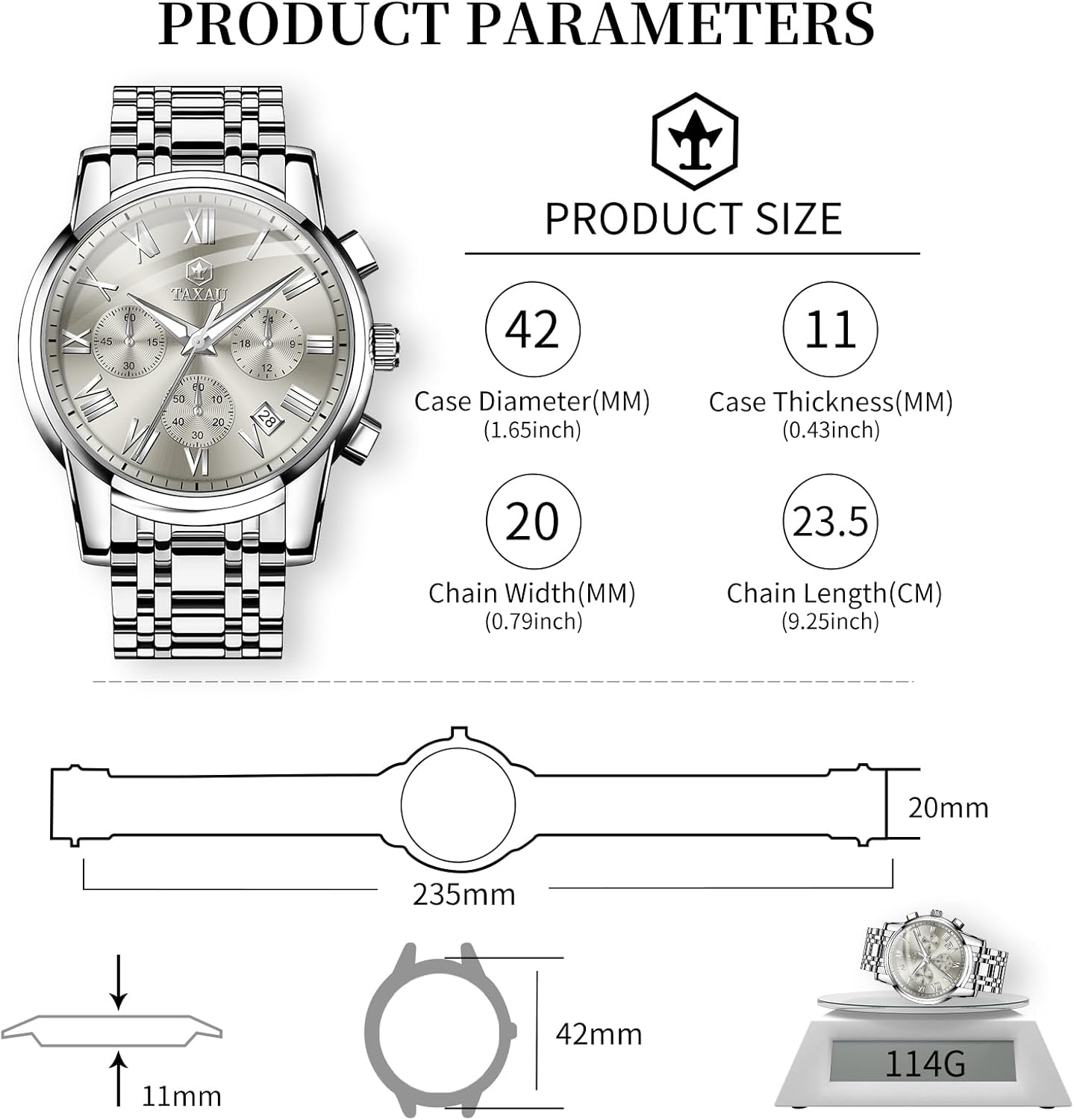 Men Silver Watch Large Dial Multi-Function Dress Watches for Men Metal Band Chronograph Gray Face Calendar Men's Watch for Big Wrist Water Resistant Quartz Retro Roman Numeral Mens Watch - Image 3