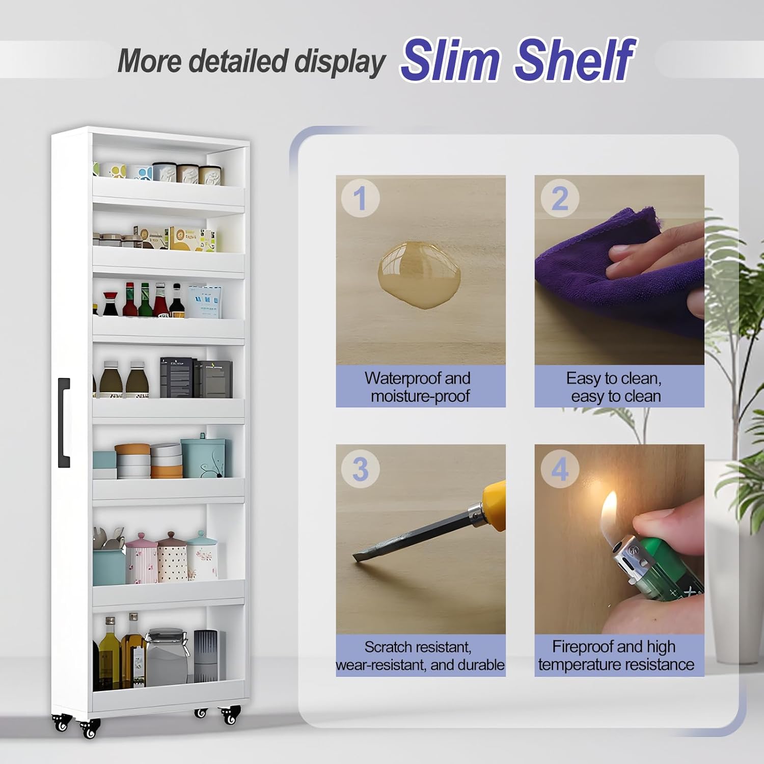 7-Tier Slim Storage Cart, Wooden Rolling Pantry Cabinet with Wheels, Narrow Shelf Organizer for Kitchen, Bakers Rack, Dining Room, Closet, Small Spaces Warm White 47.2" H*5.9" W*23.6" D