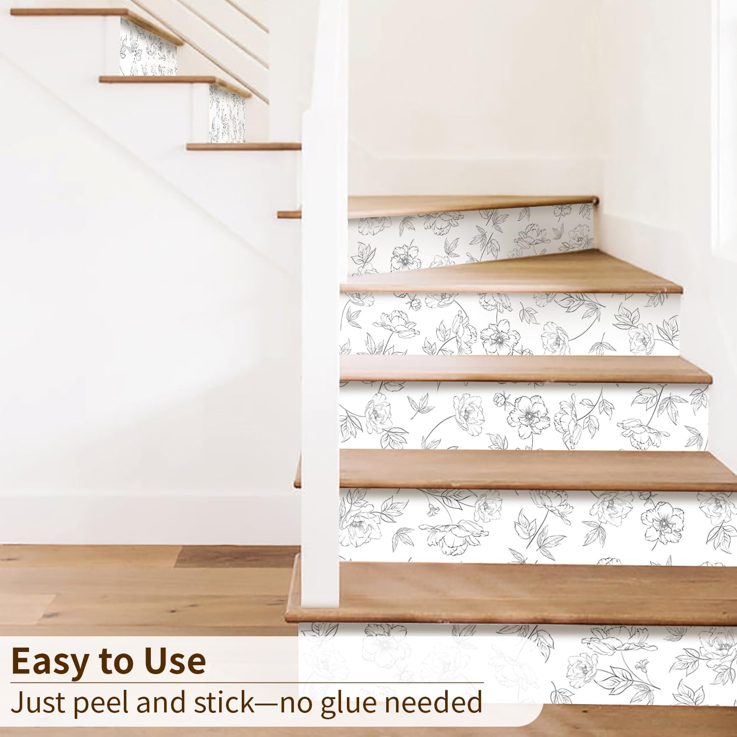 15Pcs Peel and Stick Stair Riser Decals Vinyl Floral Stair Sticker Leather Textured Wallpaper, Sketch Floral with White Background, 39.37"x7.09"