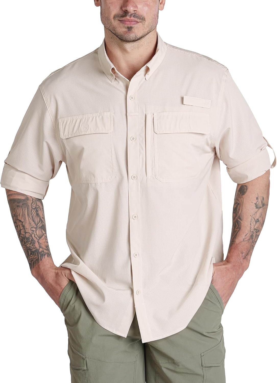 FRONTEND Men's Safari Shirt–UPF 50+ Long Sleeve, Quick Dry Vented Back with Zipper Pocket for Hiking & Camping